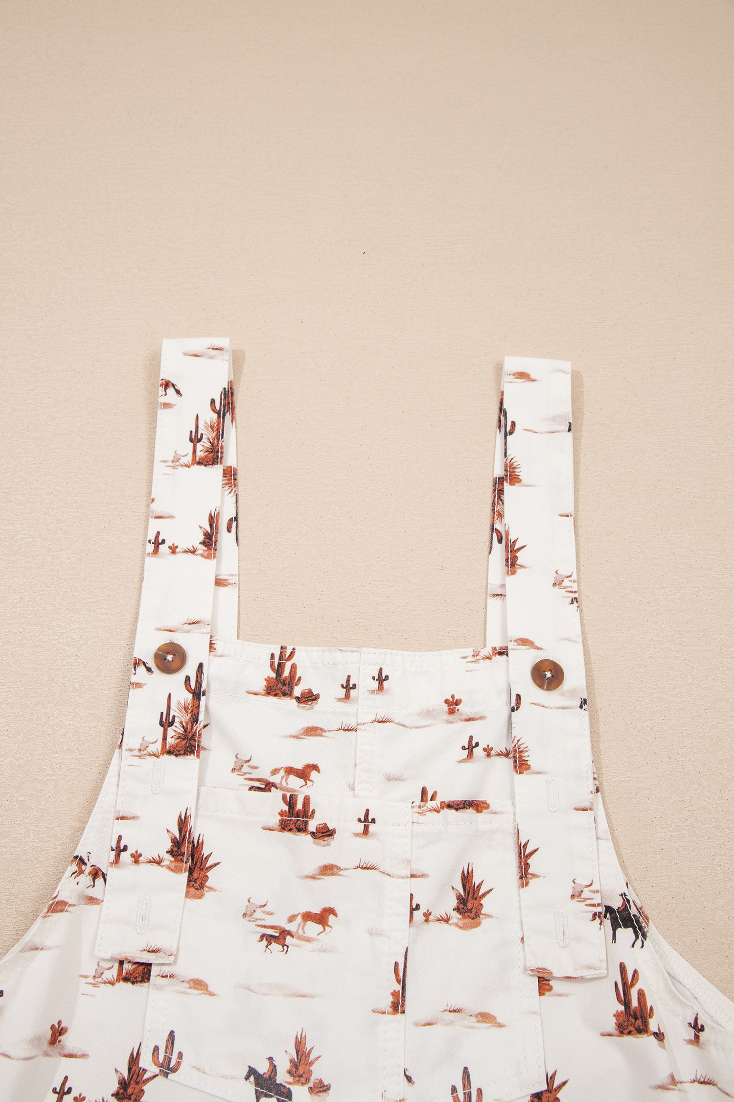 Beige Western Printed Button Adjustable Straps Loose Jumpsuit Dungarees view 13