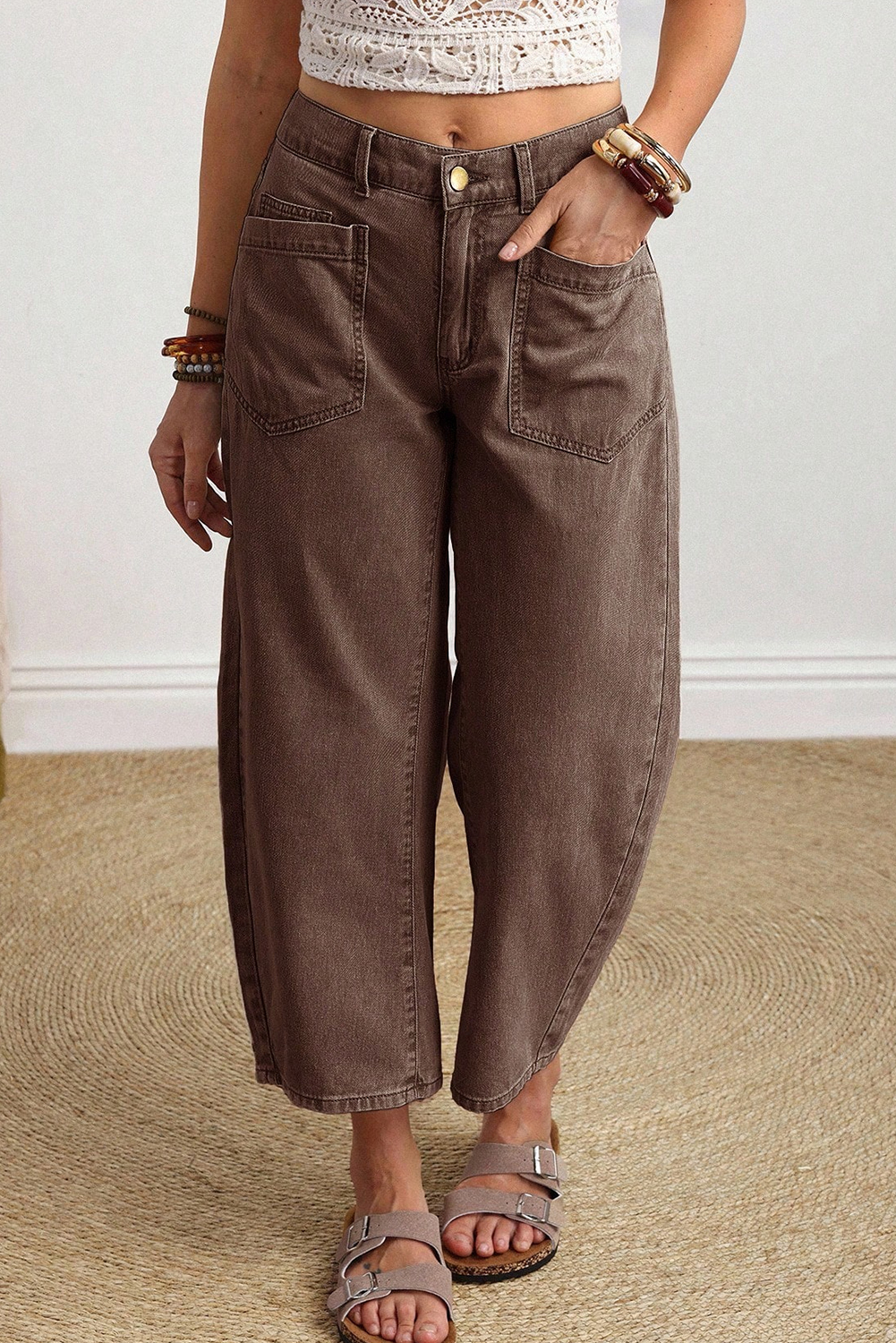 Coffee Solid Color Square Patch Pocket Ankle-length Barrel Jeans view 6