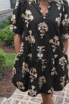 Black Frilled V Neck Puff Short Sleeve Floral Mini Dress