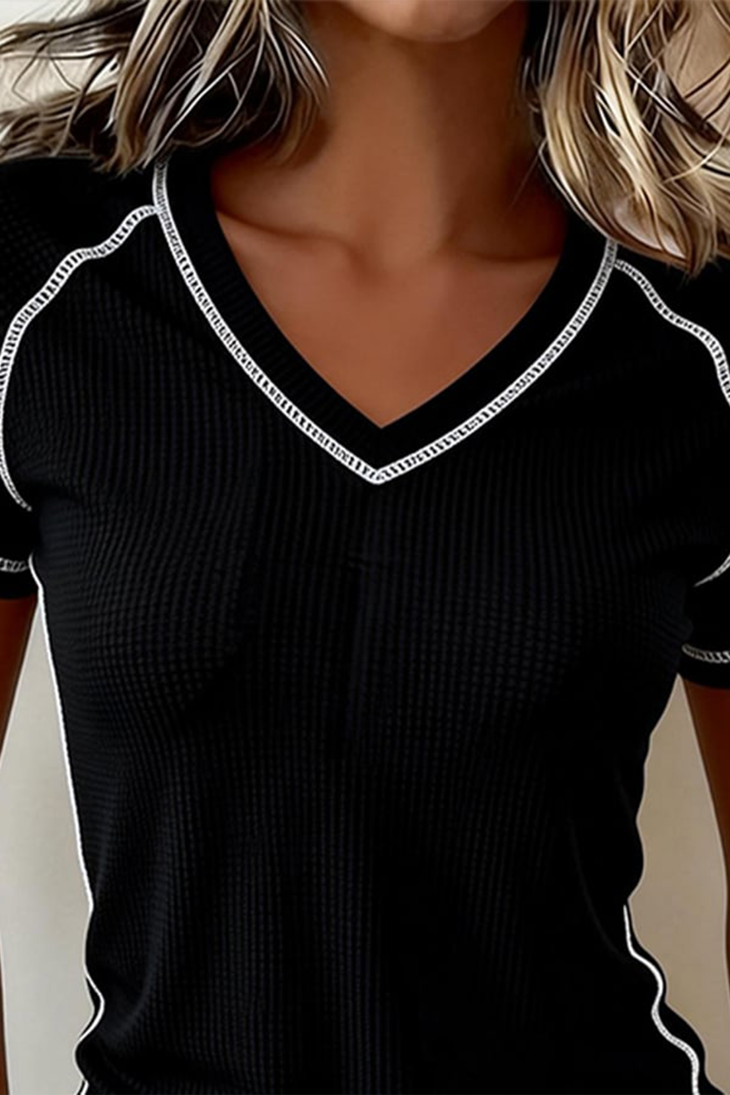 Black Waffle Textured Contrast Trim V Neck Tee view 3