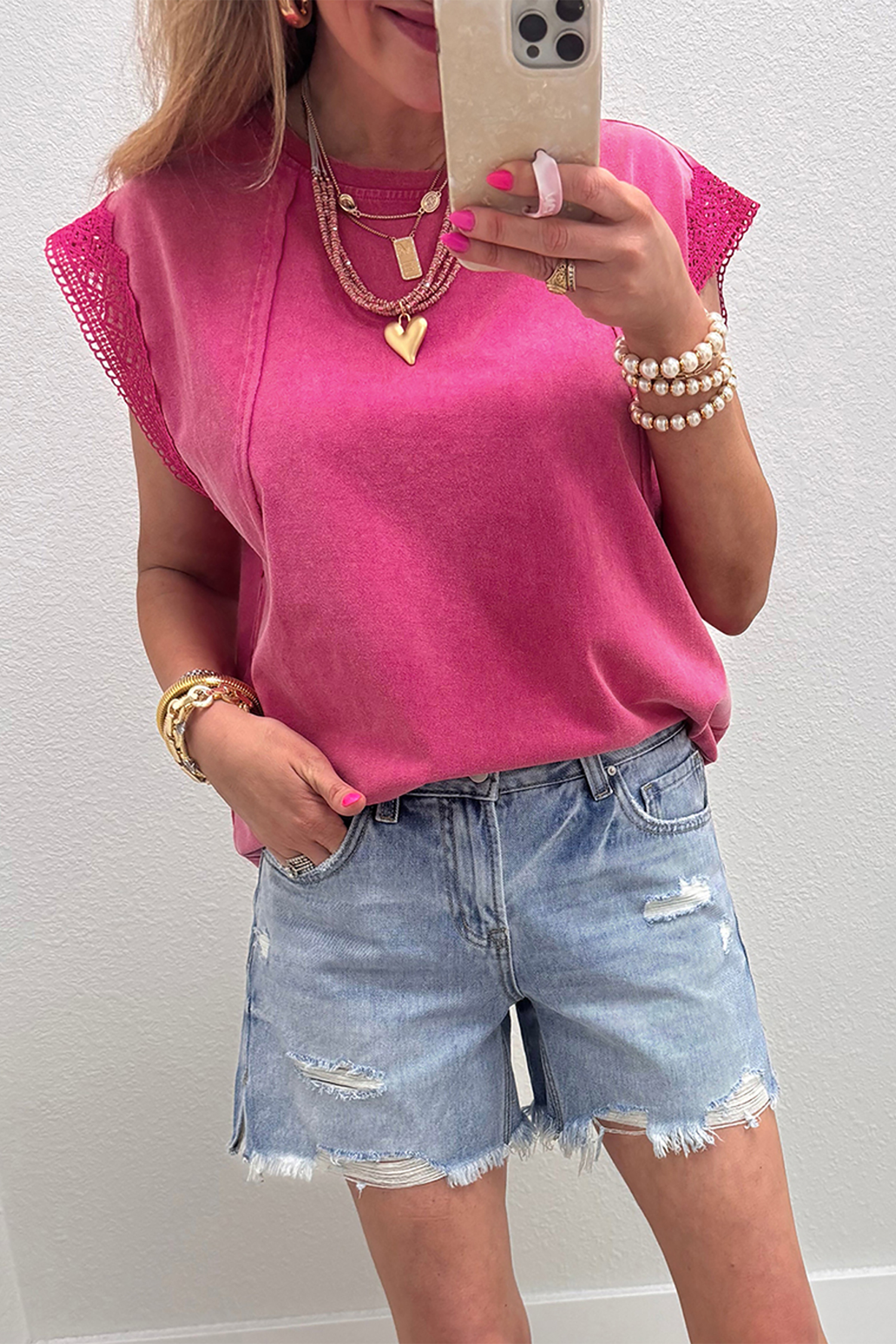 Pink Mineral Wash Raw Seam Detail Lace Trim Cap Sleeve Top view 13