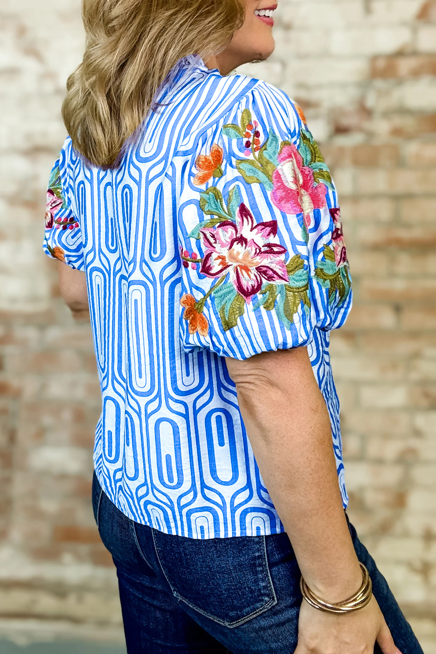 Sky Blue Unique Geometry Print Floral Embroidered Puff Sleeve Blouse view 10