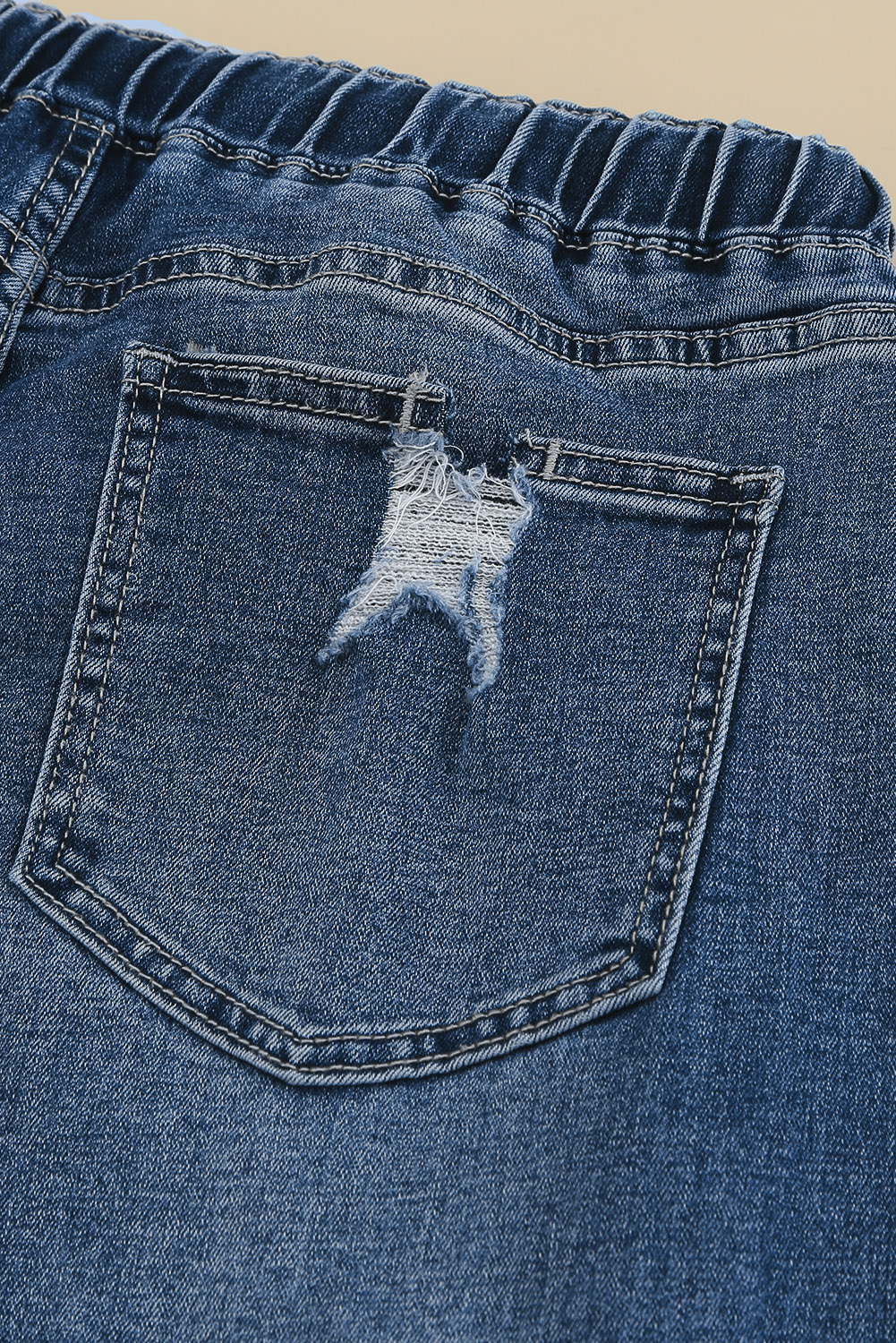 Dark Blue Elastic Waist Straight Leg Destroyed Raw Hem Jeans view 20