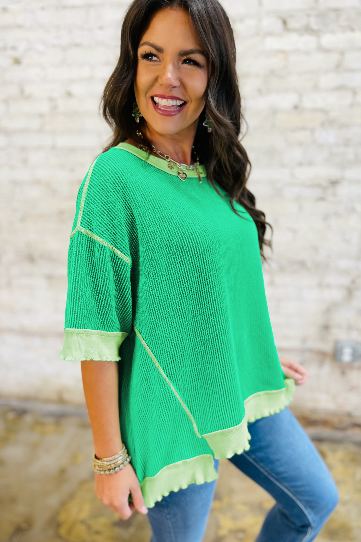 Mint Green Loose Uneven Hem Twist Ribbed T Shirt view 4