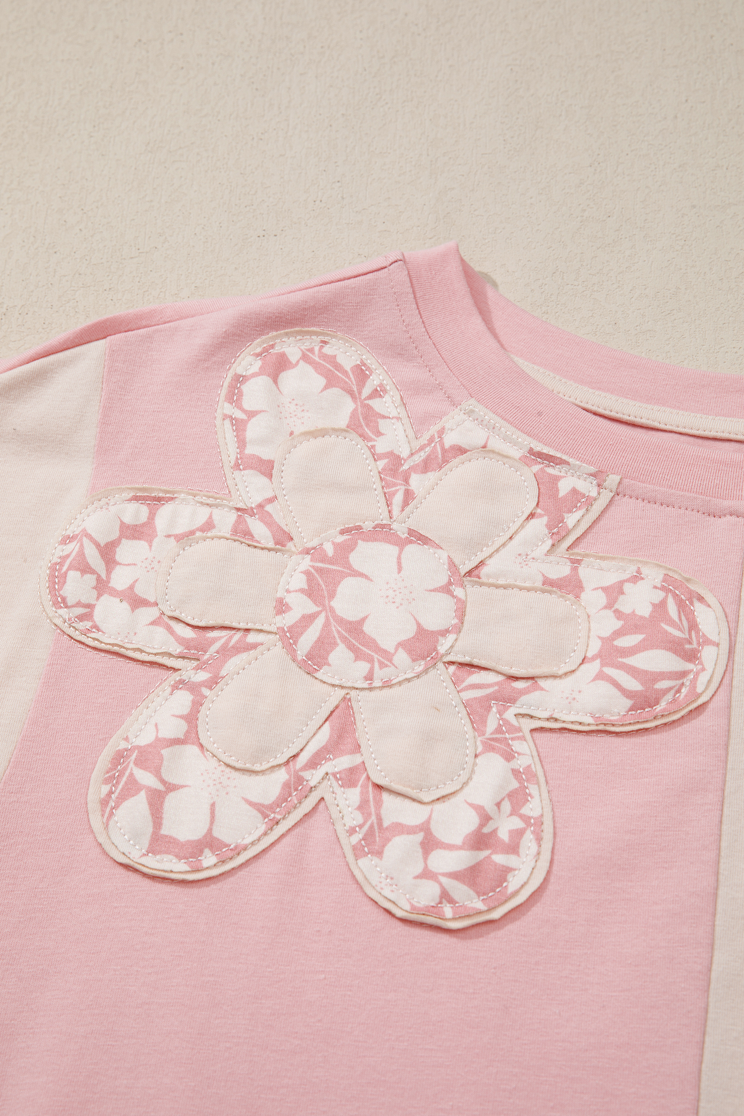 Apricot Color Block Flower Patched Loose T Shirt view 12