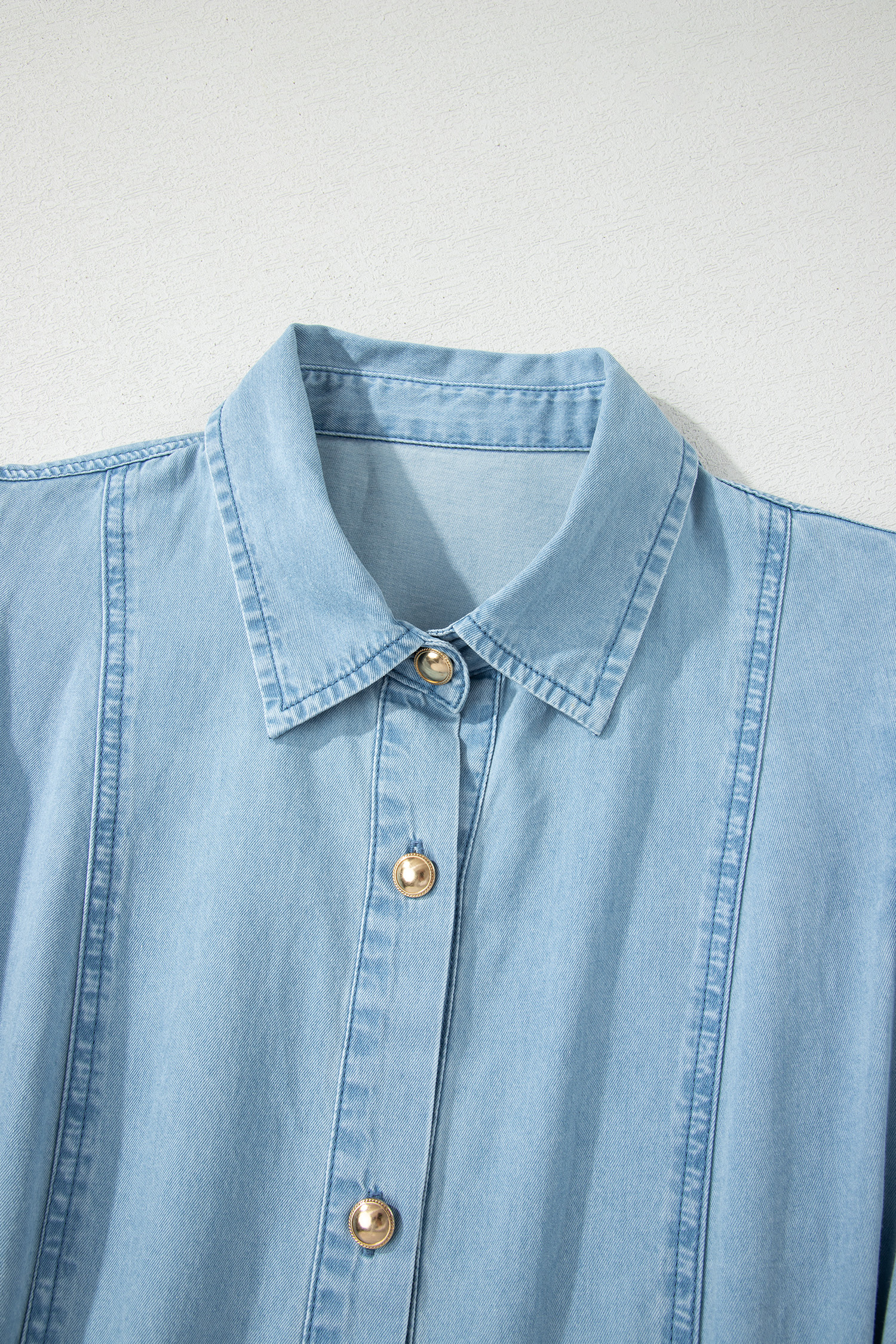 Beau Blue Full Buttons Collared Short Bubble Sleeve Long Denim Dress view 18