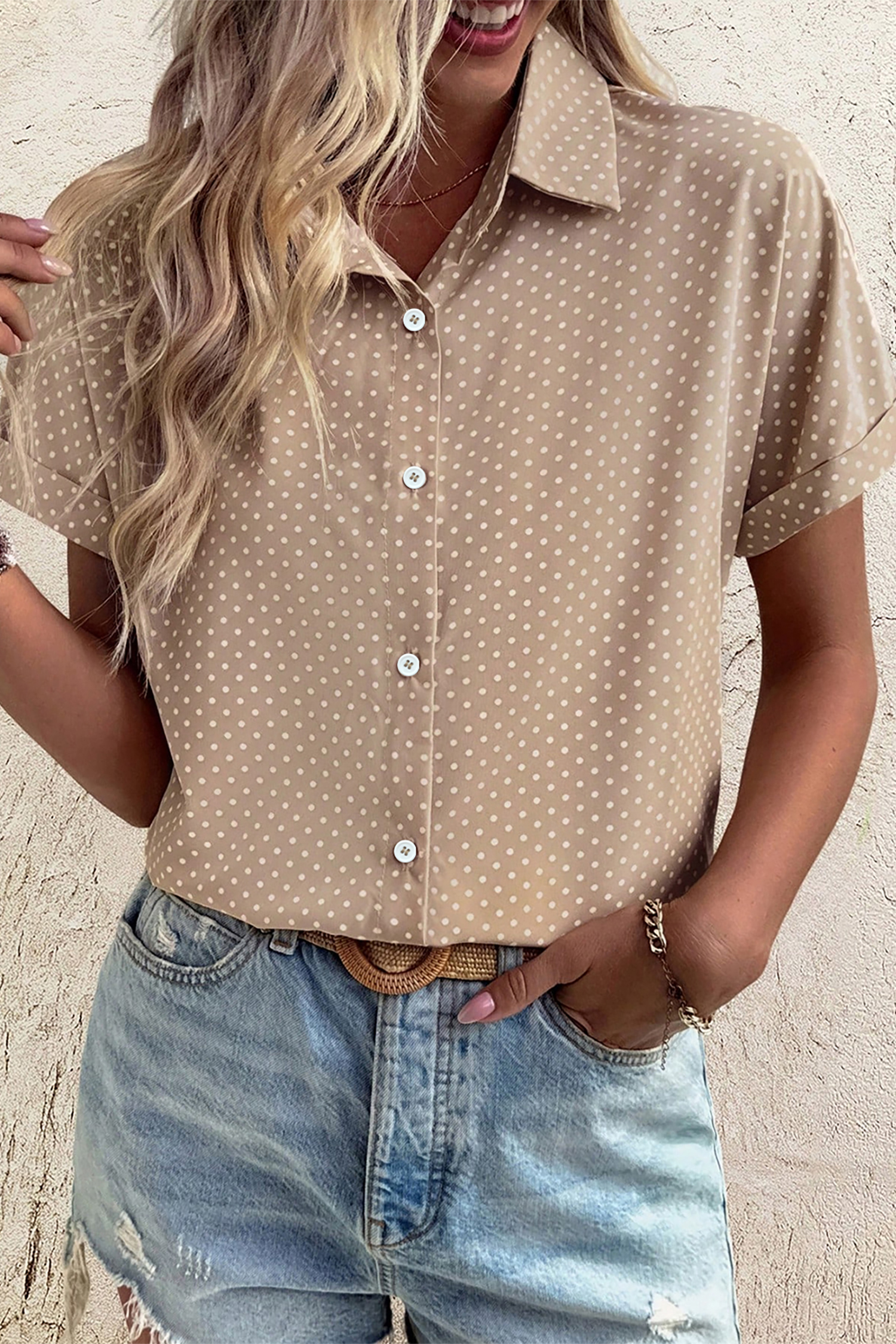 Khaki Dotted Print Cuffed Short Sleeve Shirt view 9