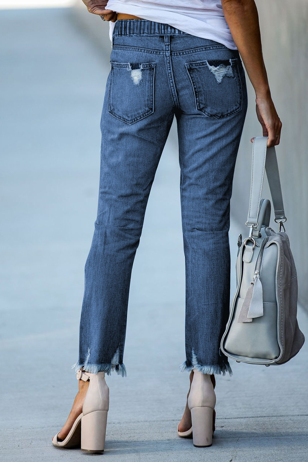 Dark Blue Elastic Waist Straight Leg Destroyed Raw Hem Jeans view 2