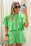 Green Solid Color Puffy Loose Top Drawstring Shorts 2pcs Outfit