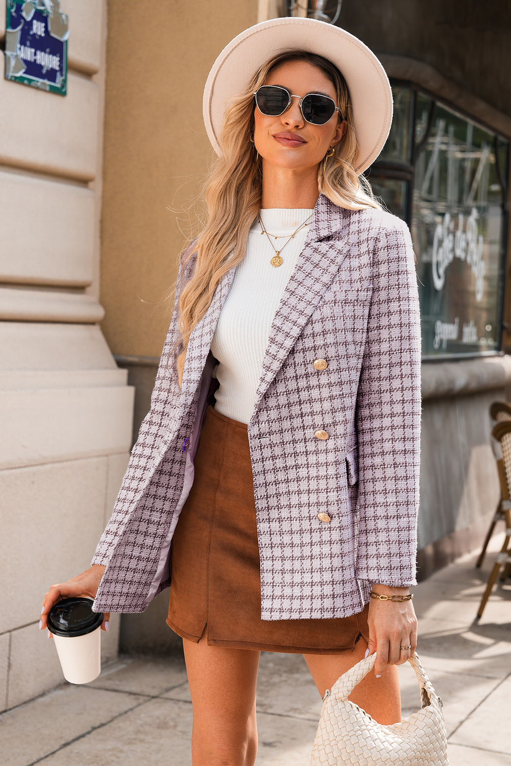 Burgundy Elegant Tweed Plaid Blazer view 3