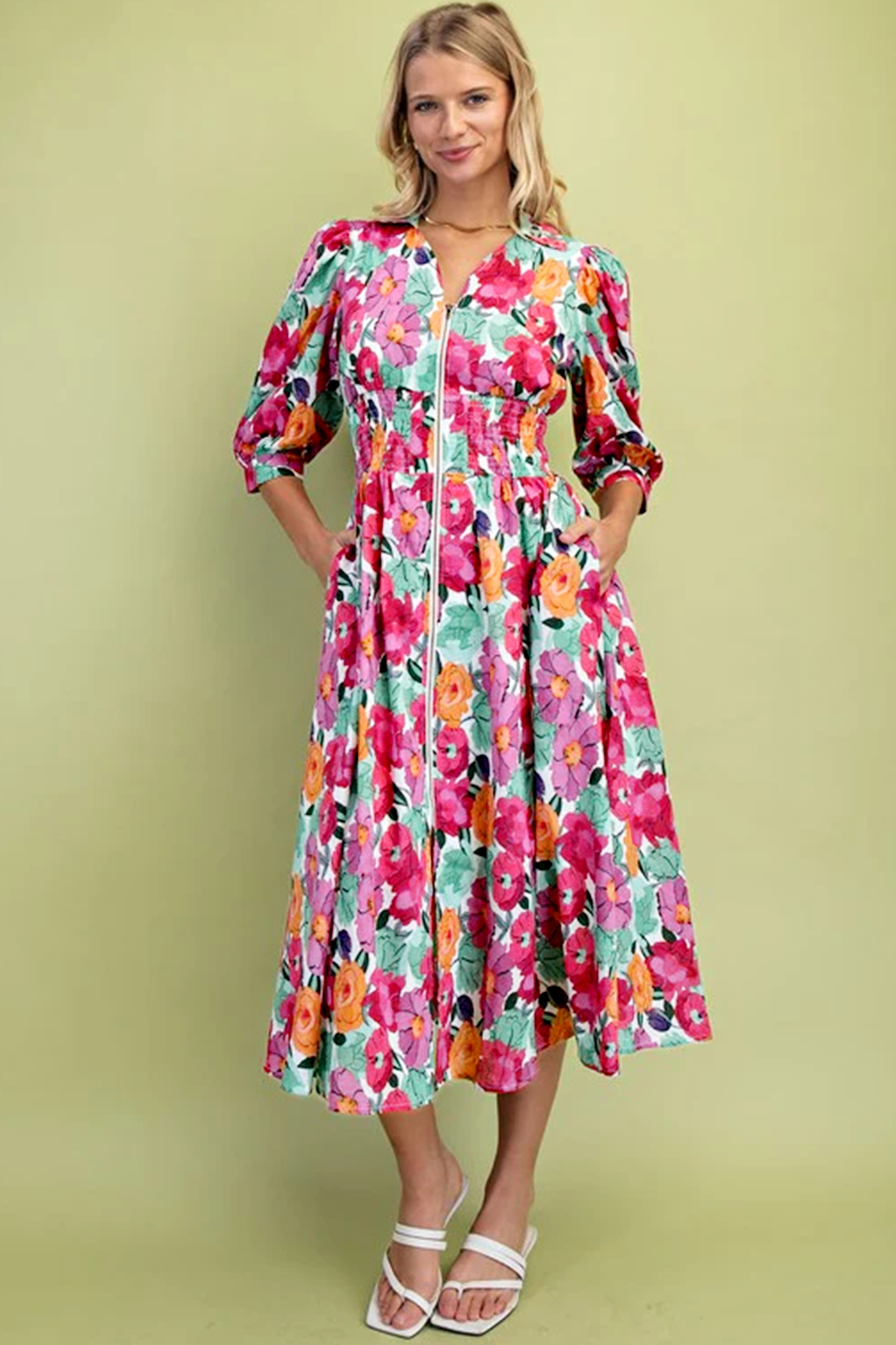 Rose Vibrant Floral Print V Neck Zip Up Puffy Half Sleeve Dress view 13