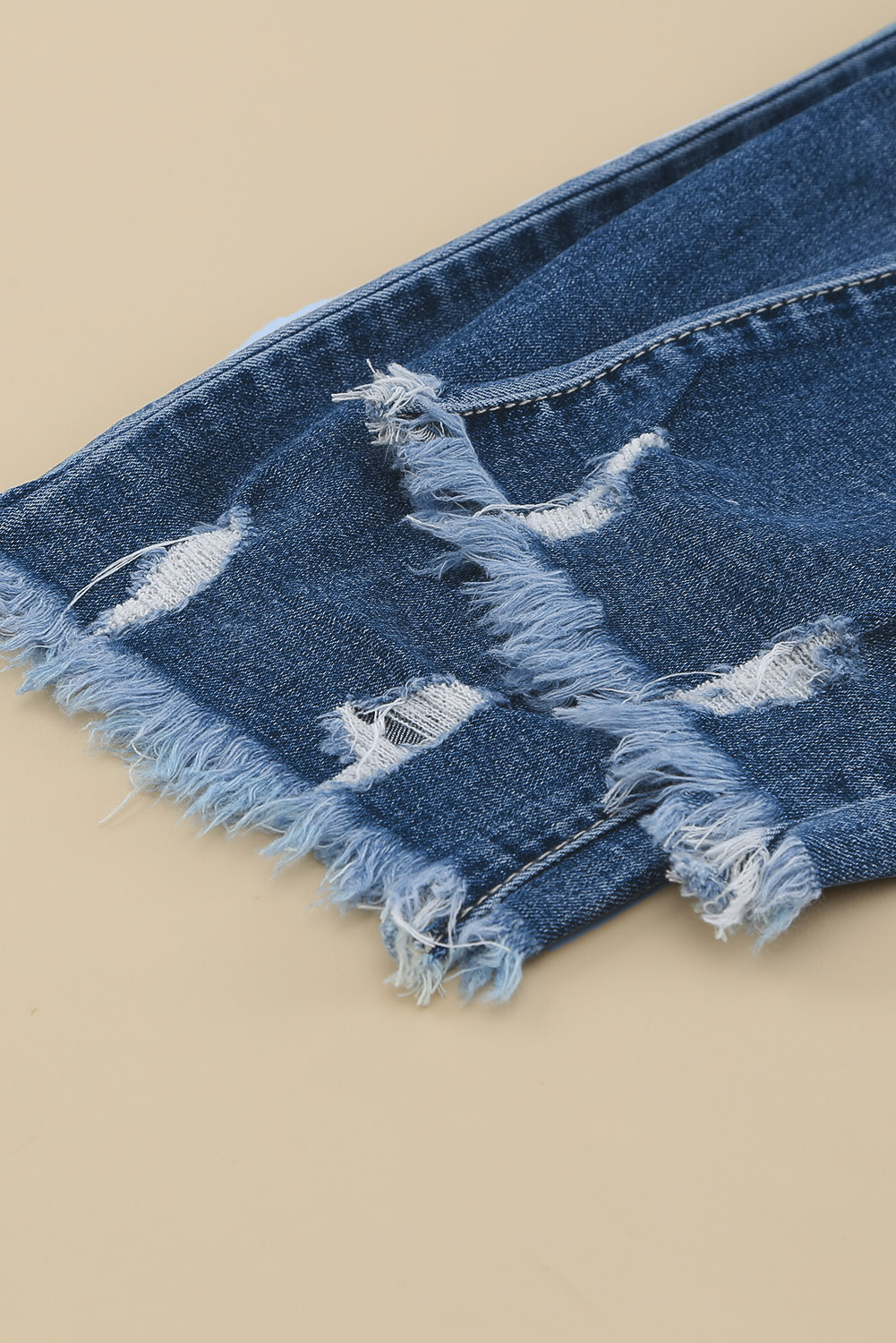 Dark Blue Elastic Waist Straight Leg Destroyed Raw Hem Jeans view 21