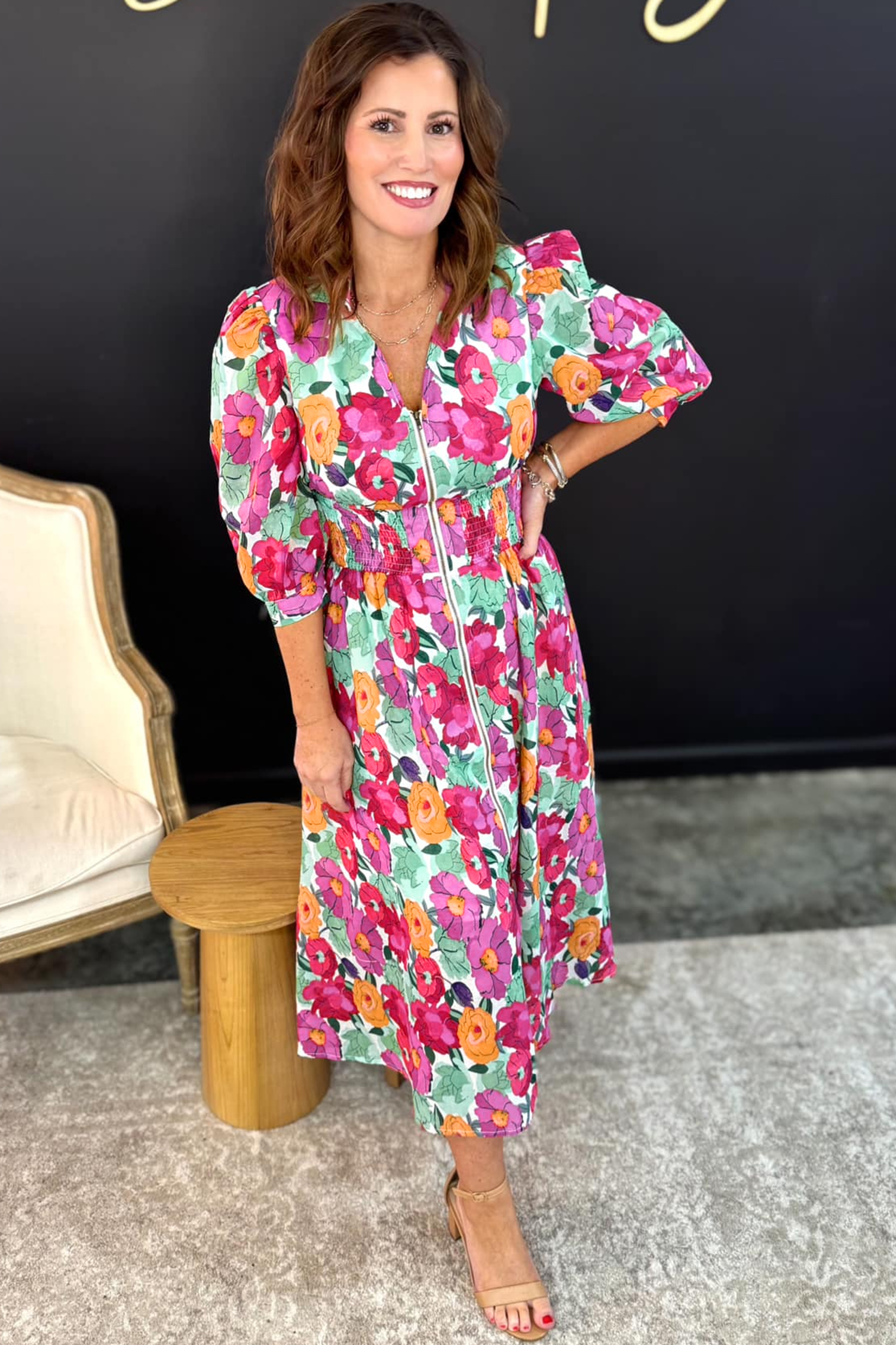 Rose Vibrant Floral Print V Neck Zip Up Puffy Half Sleeve Dress view 12