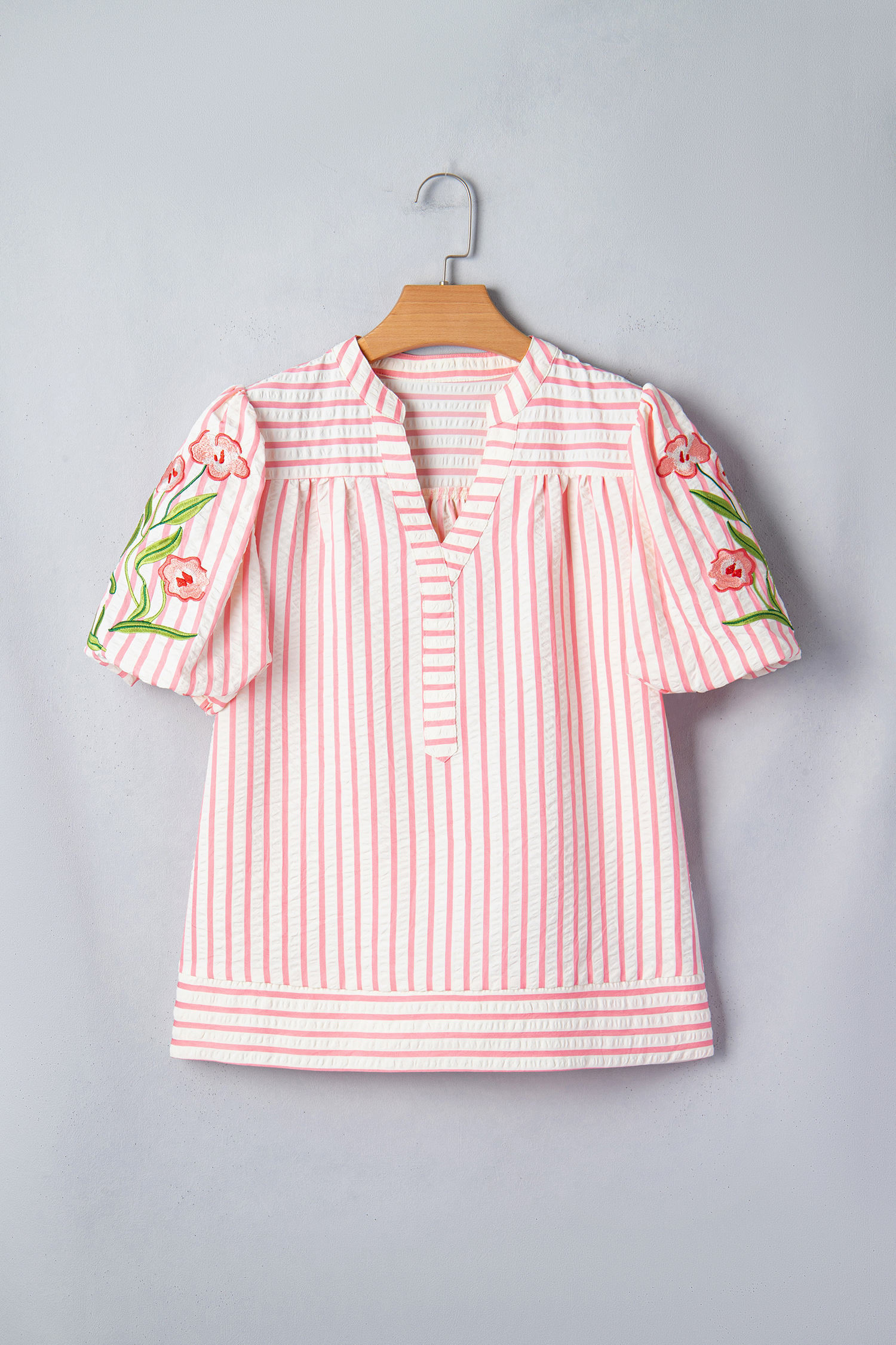 Pink Stripe Print Floral Embroidered Puff Sleeve V Neck Blouse view 14