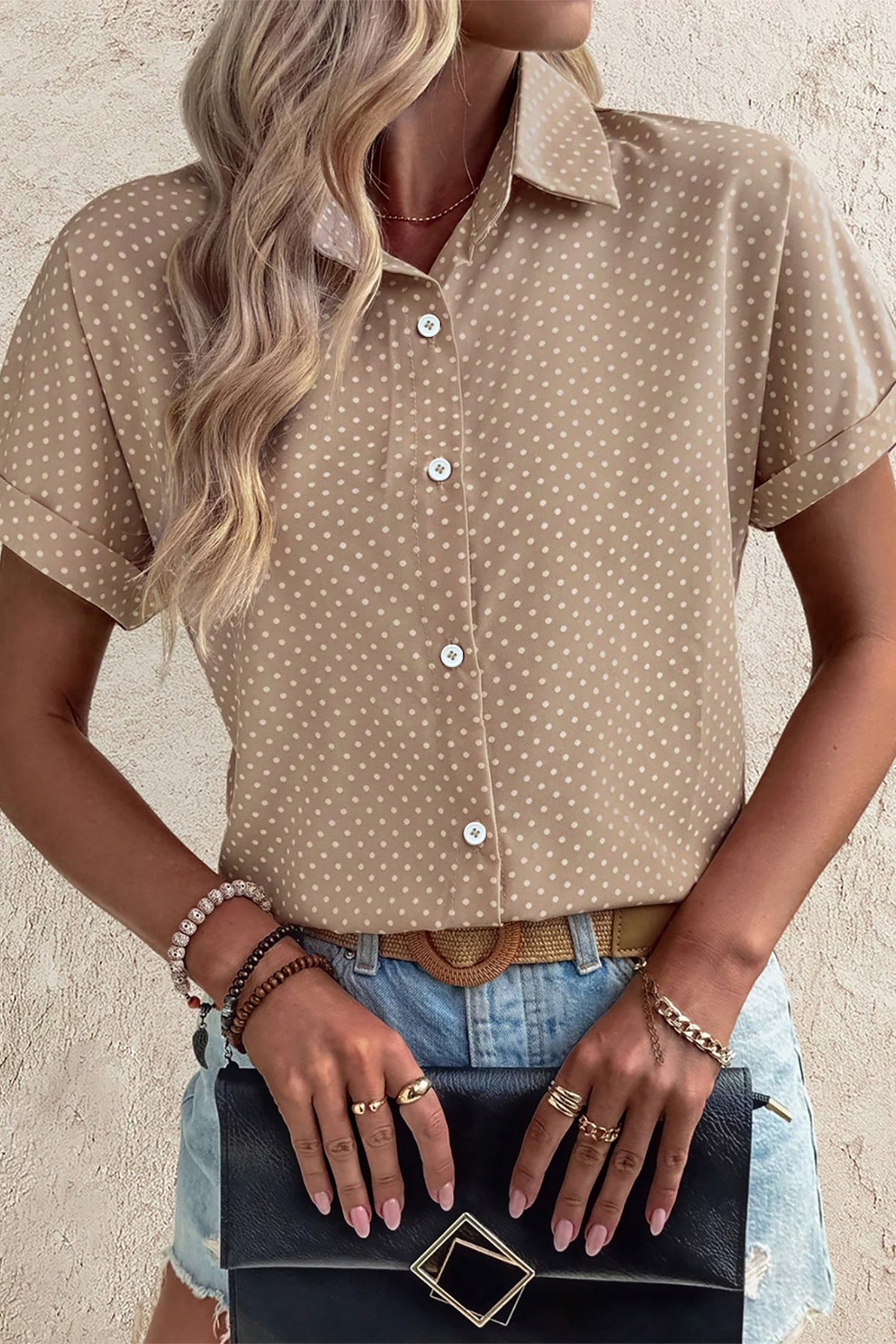 Khaki Dotted Print Cuffed Short Sleeve Shirt view 14