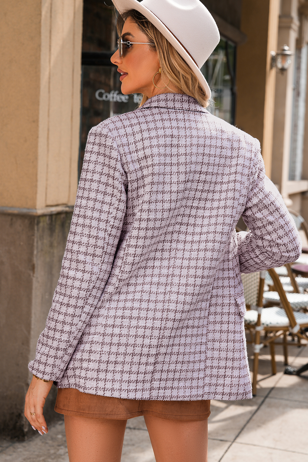 Burgundy Elegant Tweed Plaid Blazer view 2