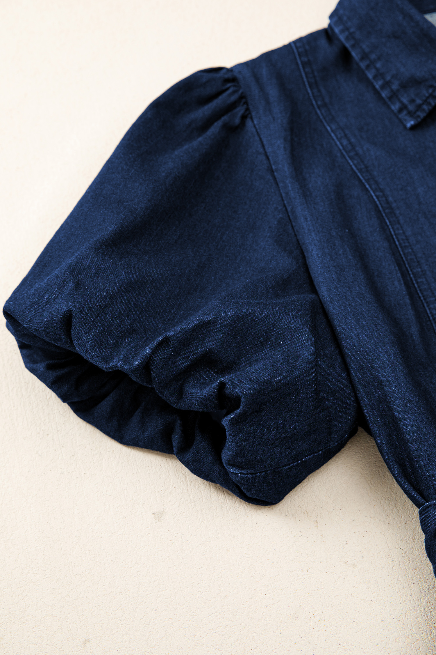 Sail Blue Full Buttons Collared Short Bubble Sleeve Long Denim Dress view 14