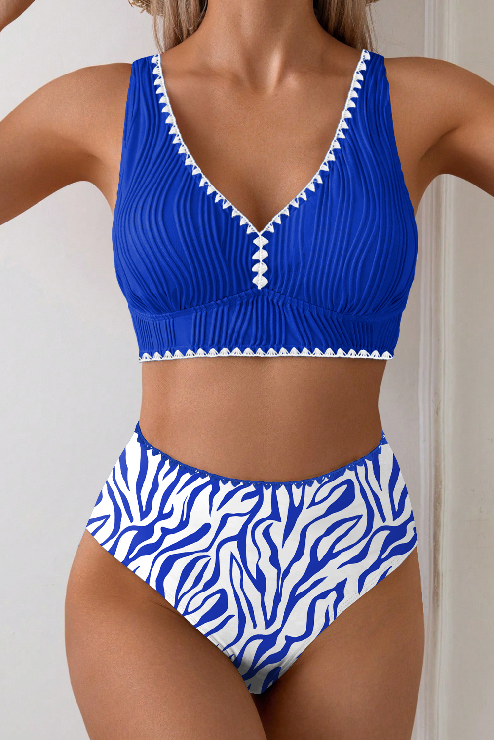 Dark Blue Shell Stitched Trim V Neck Textured Mix and Match High Waist Bikinis view 9