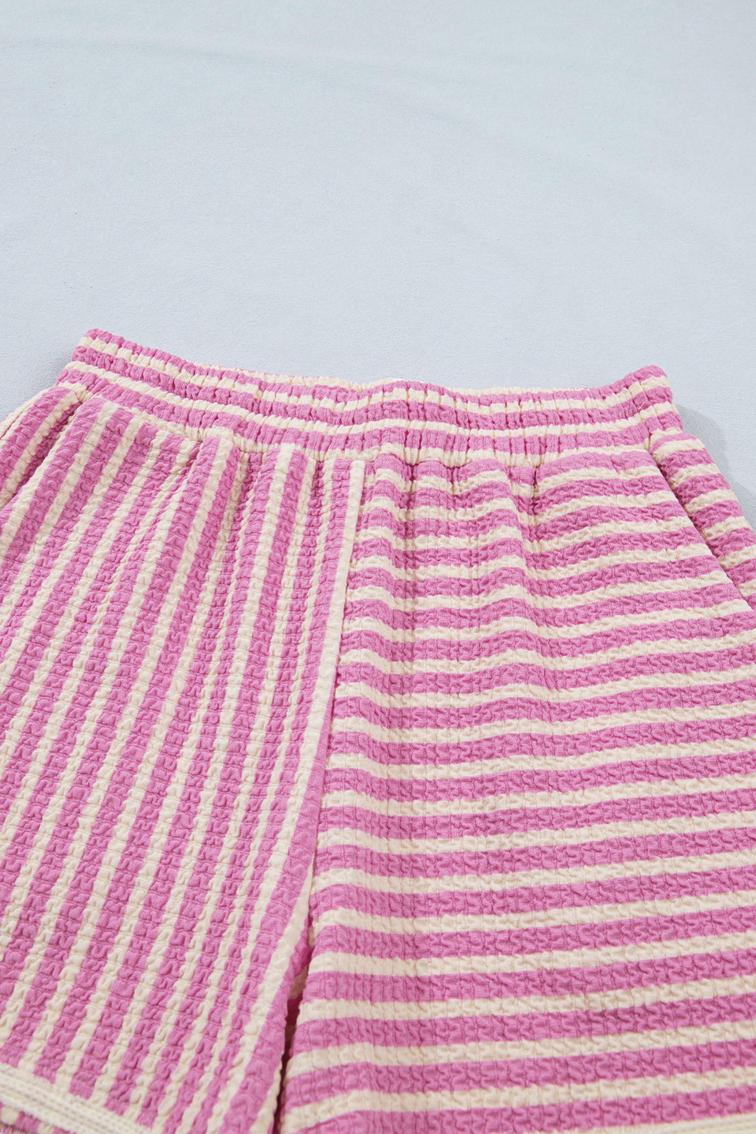 Pink Stripe Textured Contrast Trim Casual Tank and Shorts Set view 16