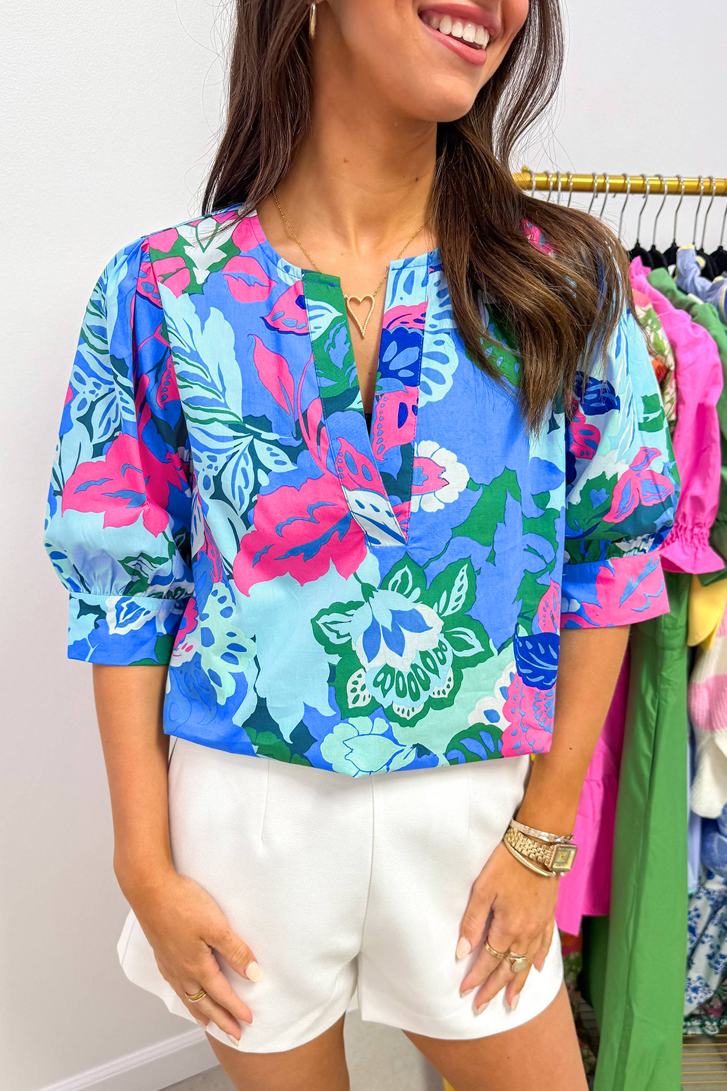Sky Blue Floral Print V Neck Half Sleeve Blouse view 9