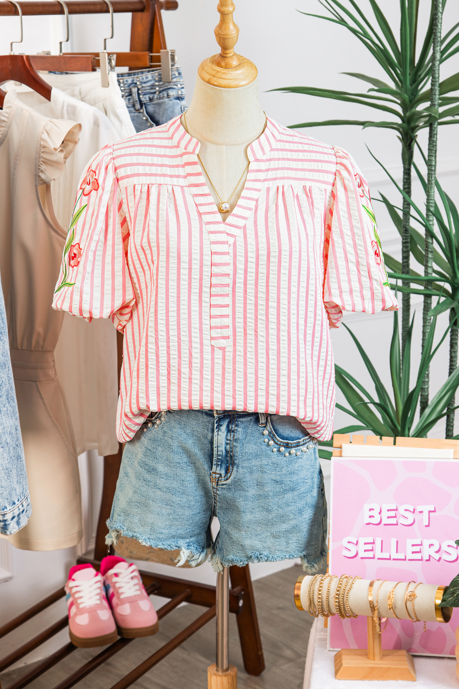 Pink Stripe Print Floral Embroidered Puff Sleeve V Neck Blouse view 5