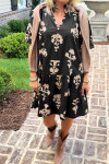 Black Frilled V Neck Puff Short Sleeve Floral Mini Dress