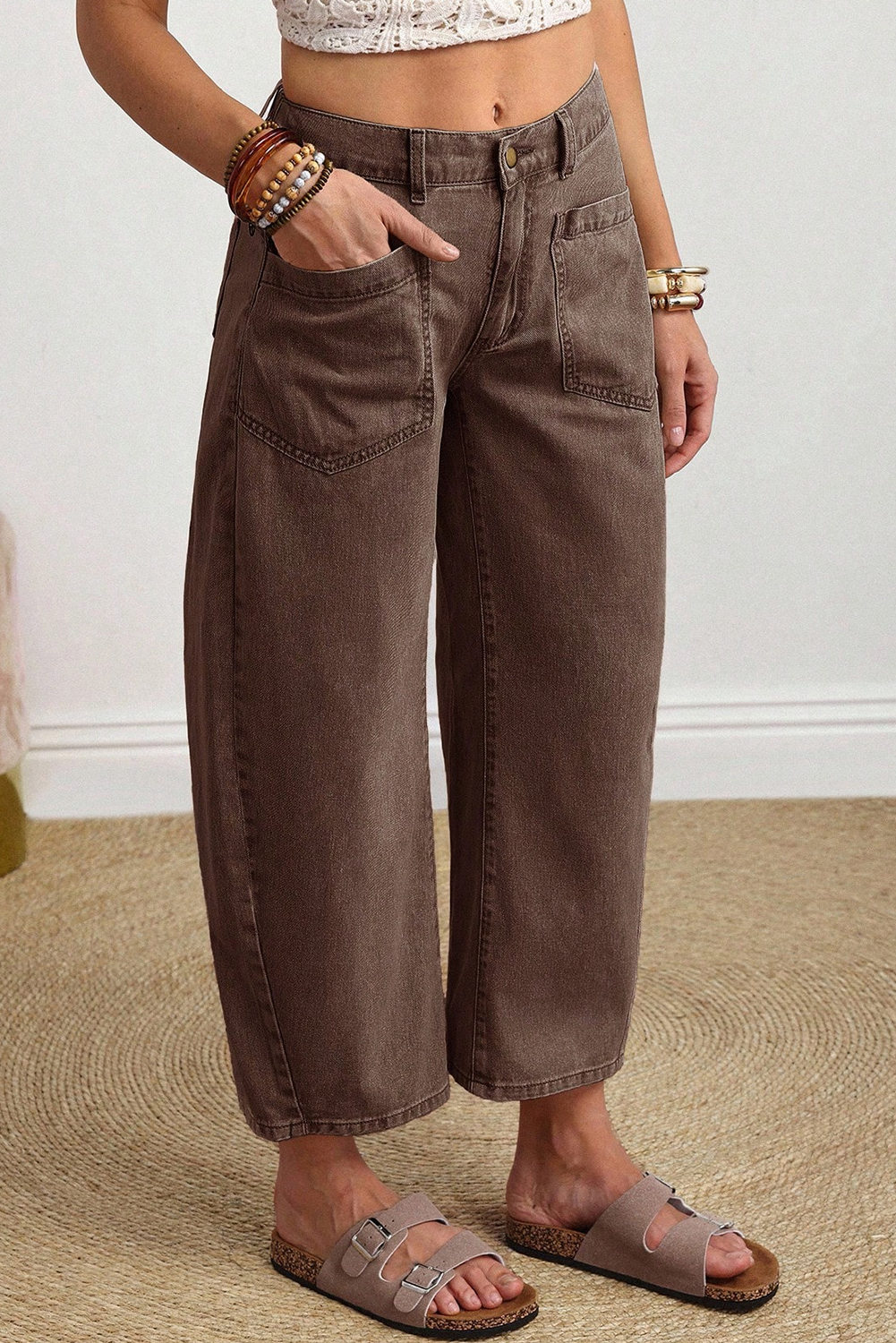 Coffee Solid Color Square Patch Pocket Ankle-length Barrel Jeans view 8