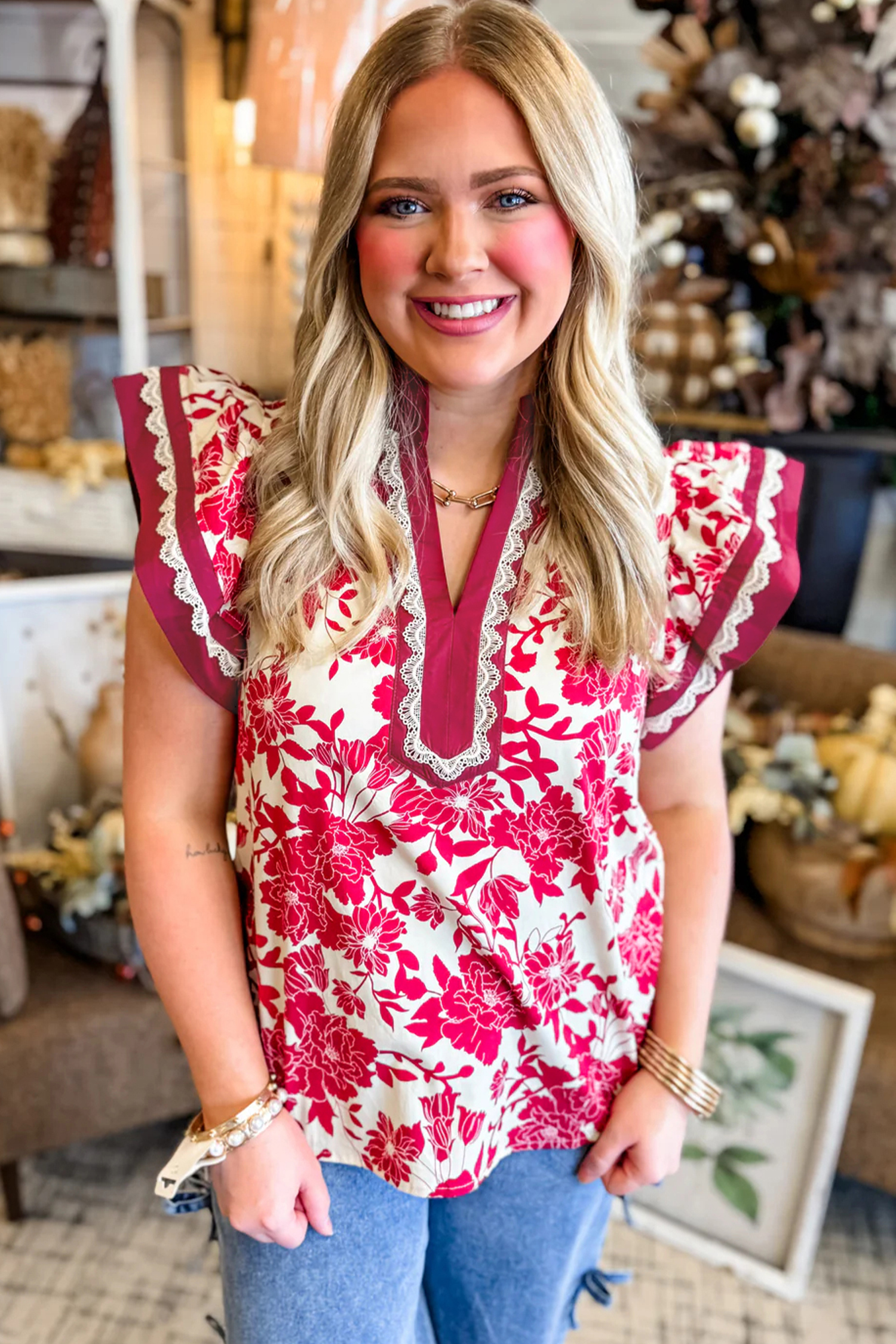 Red Floral Print Color Block Trim Lace Detail V Neck Flutter Sleeve Blouse view 12