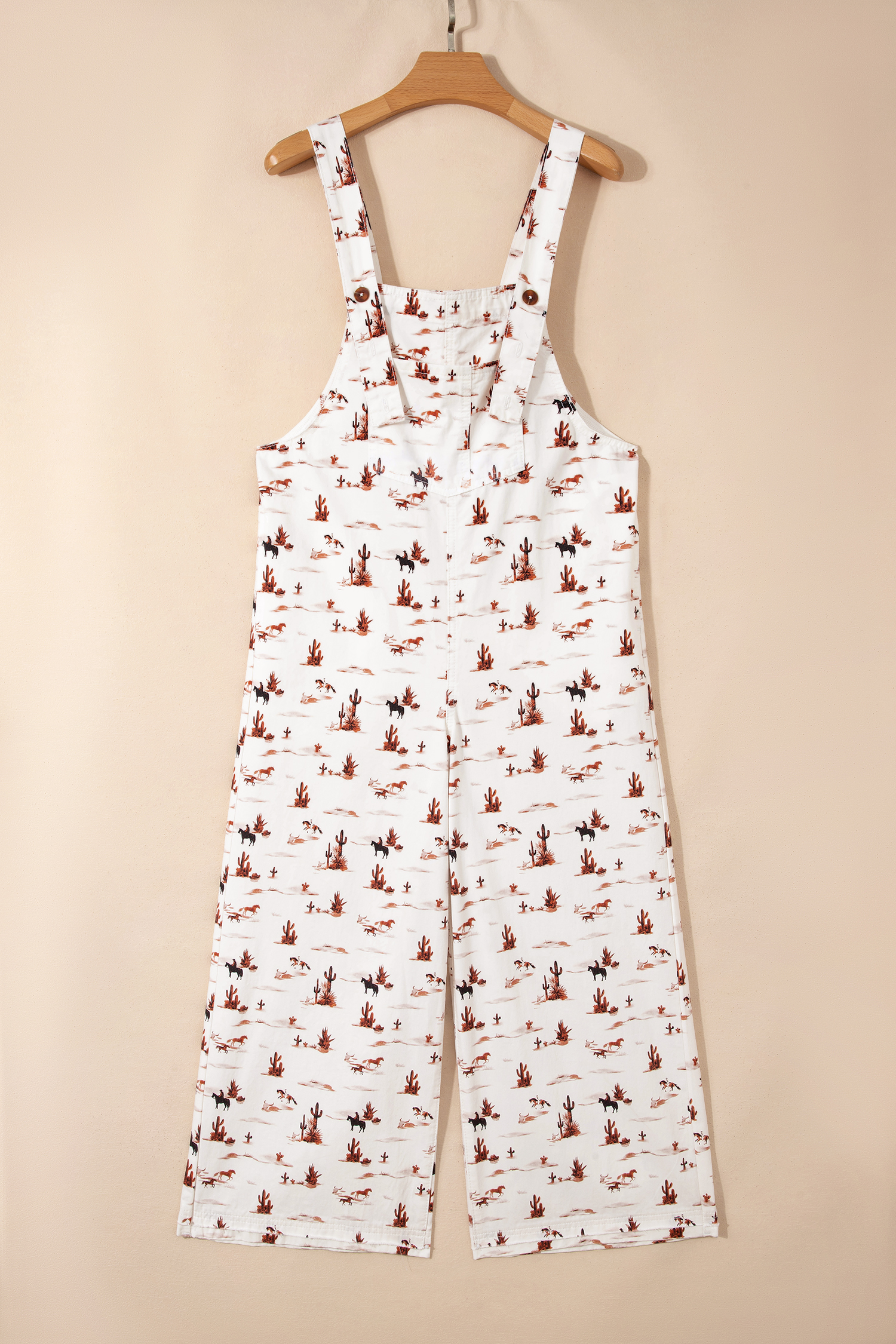 Beige Western Printed Button Adjustable Straps Loose Jumpsuit Dungarees view 11
