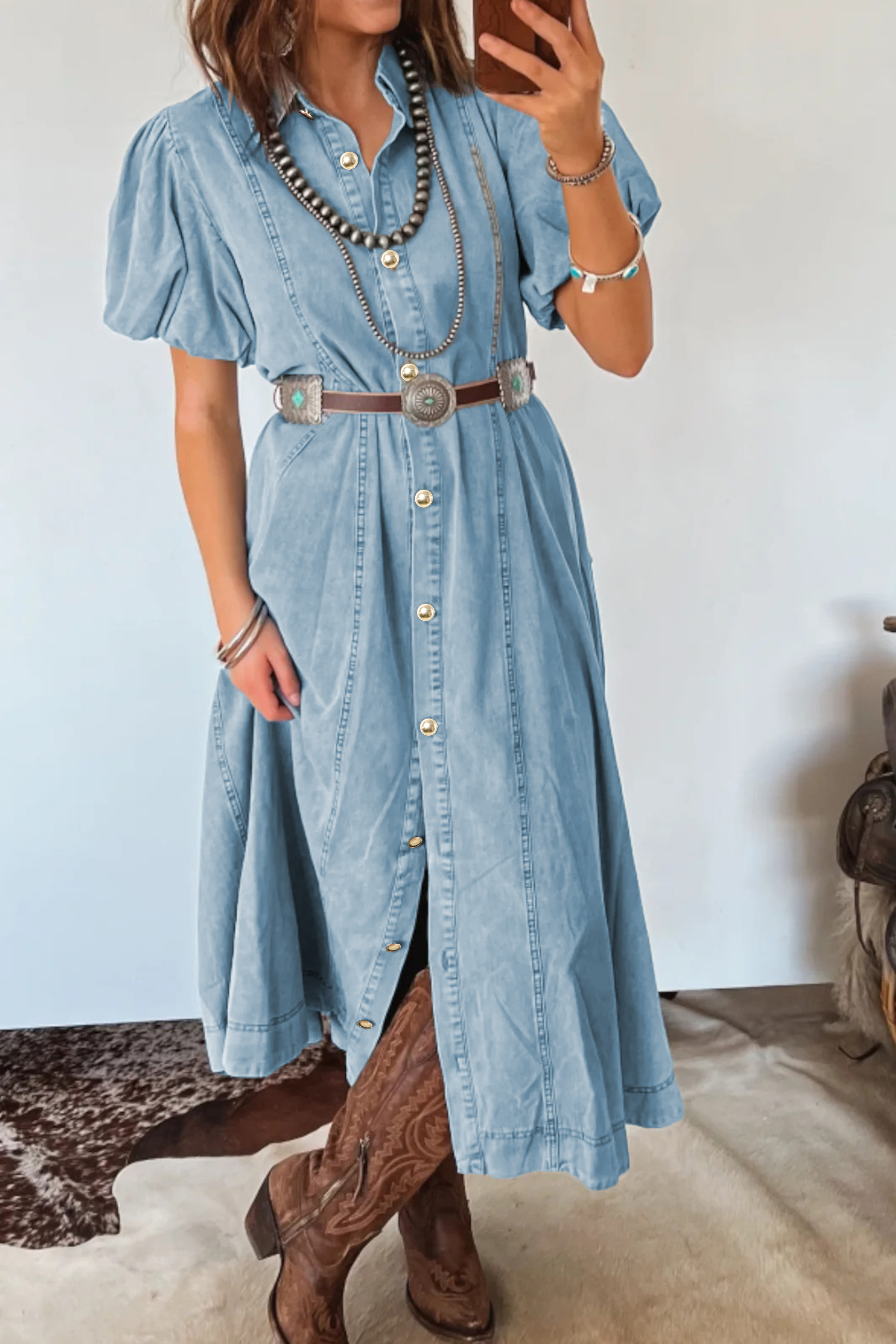 Beau Blue Full Buttons Collared Short Bubble Sleeve Long Denim Dress view 9