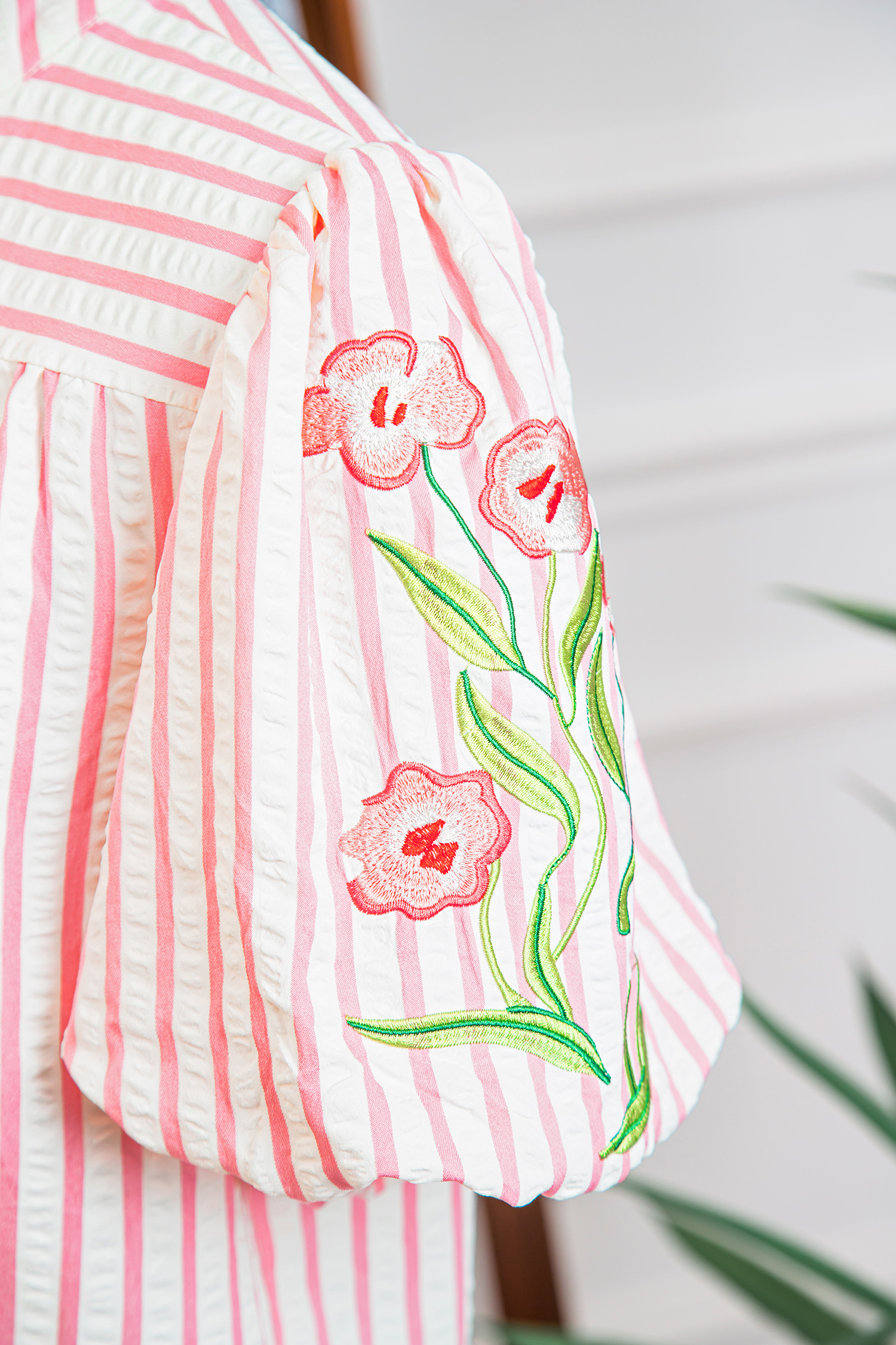 Pink Stripe Print Floral Embroidered Puff Sleeve V Neck Blouse view 12
