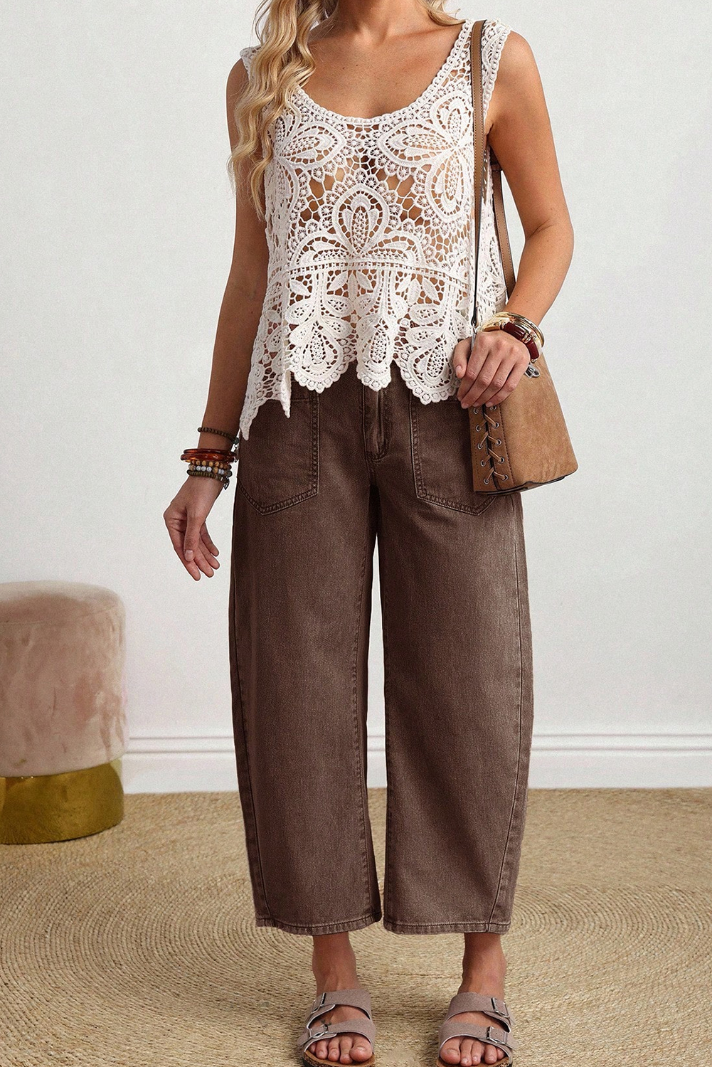 Coffee Solid Color Square Patch Pocket Ankle-length Barrel Jeans view 3