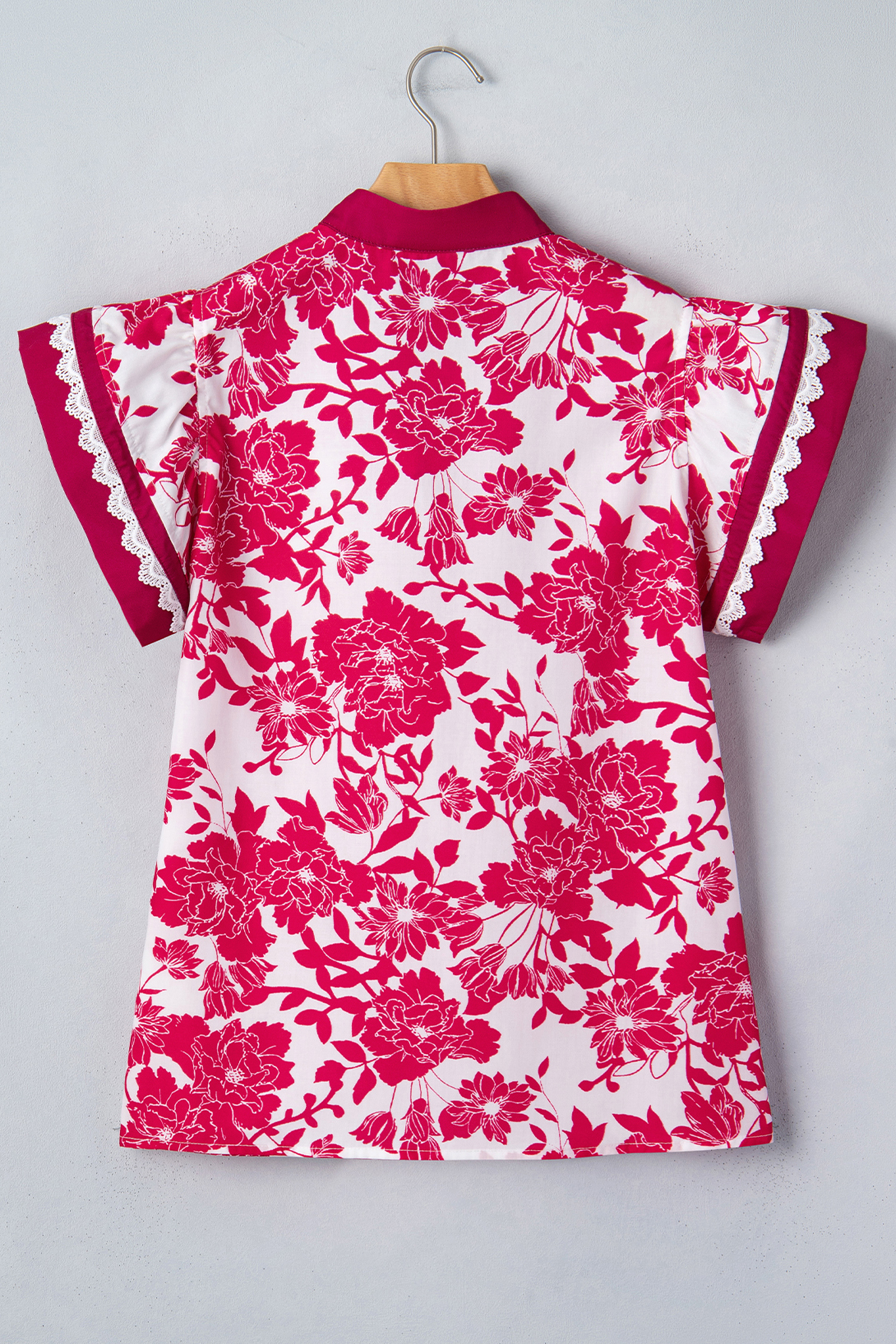 Red Floral Print Color Block Trim Lace Detail V Neck Flutter Sleeve Blouse view 15