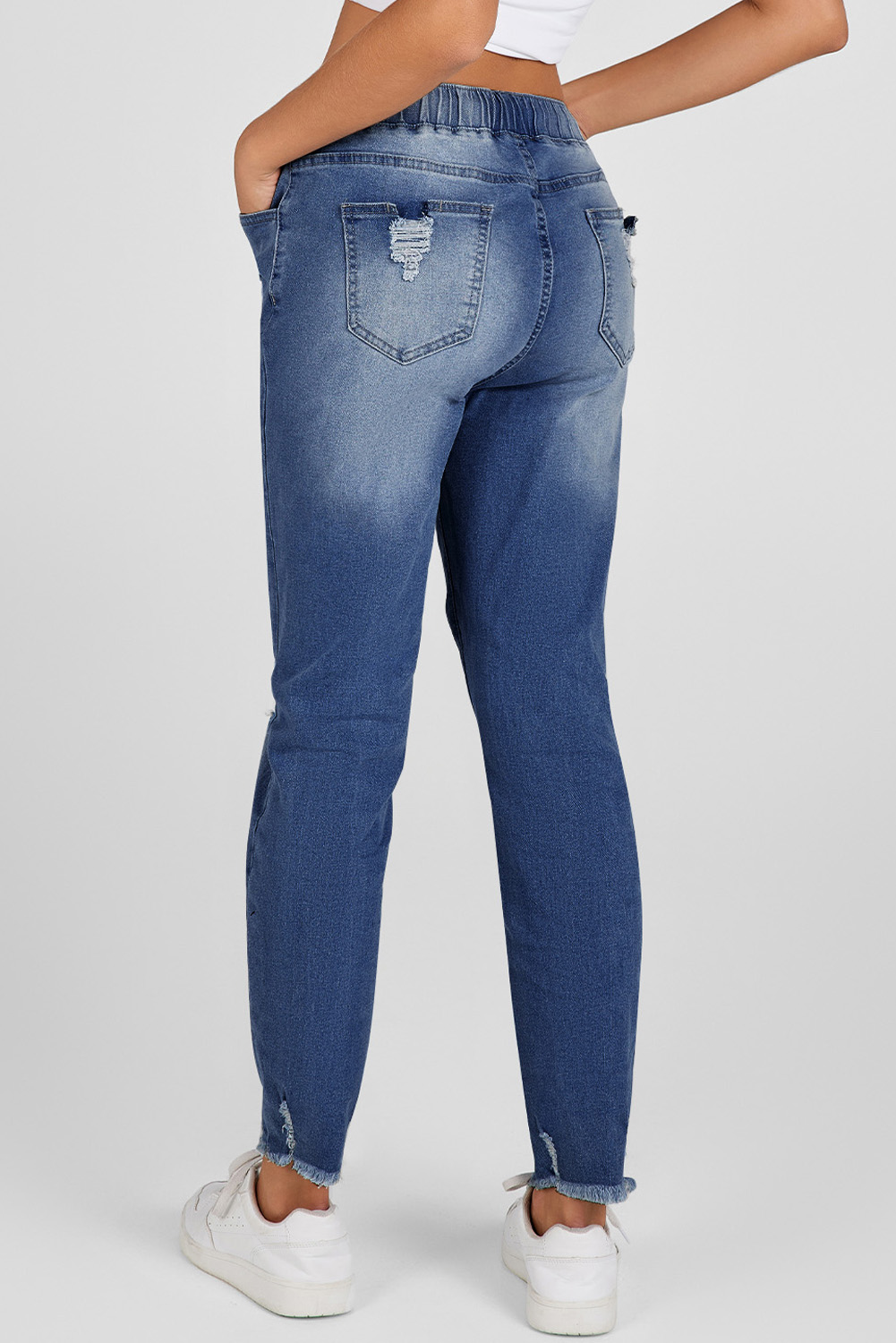 Dark Blue Elastic Waist Straight Leg Destroyed Raw Hem Jeans view 5