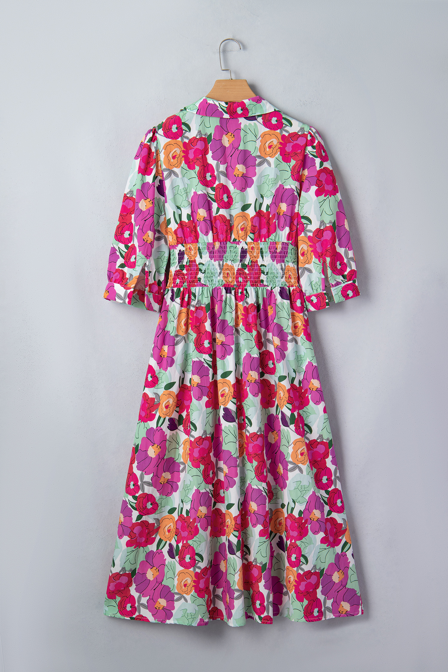 Rose Vibrant Floral Print V Neck Zip Up Puffy Half Sleeve Dress view 15