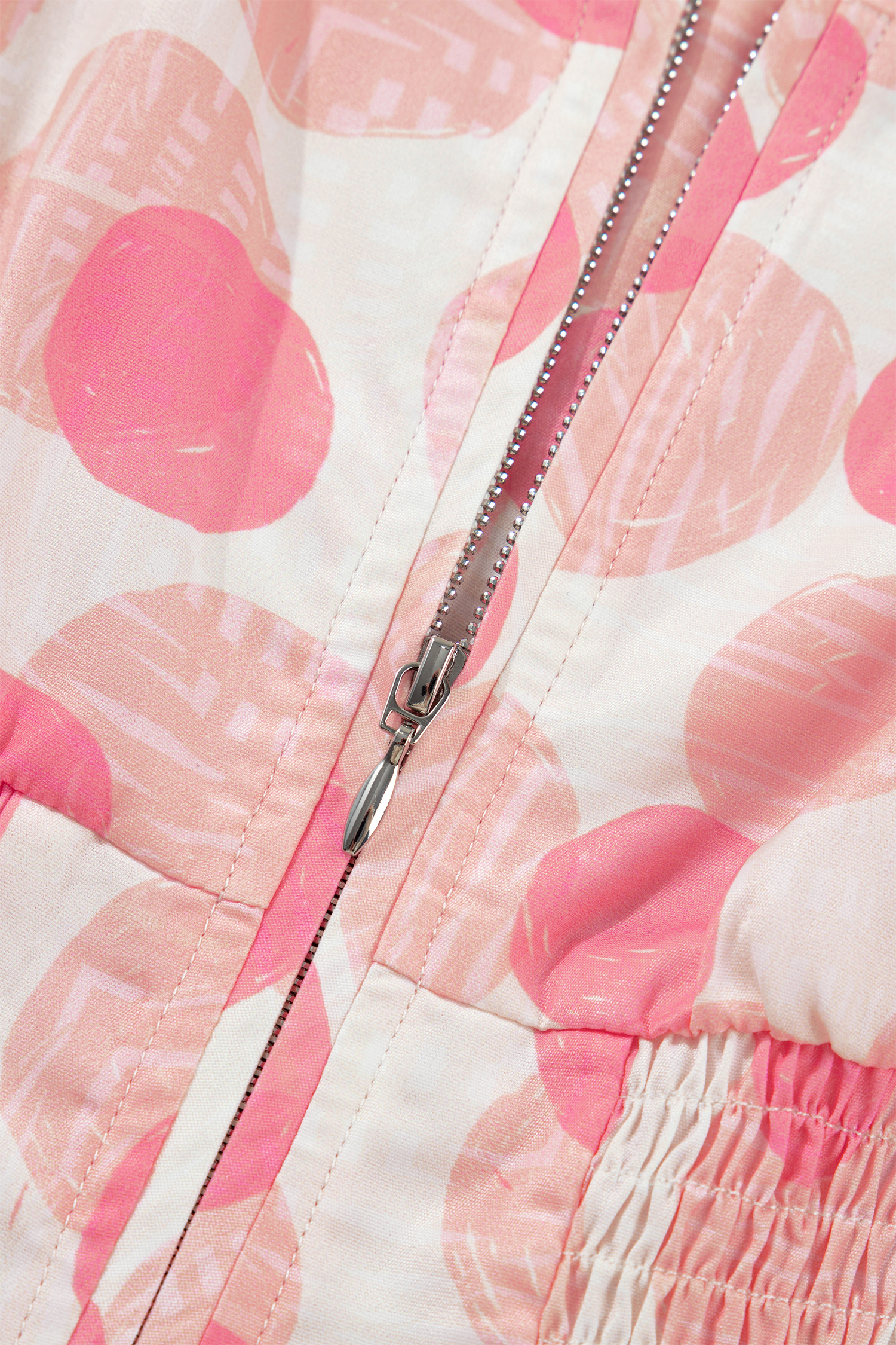 Pink Polka Dot Printed Ruffle Short Sleeve Zip Up Long Dress