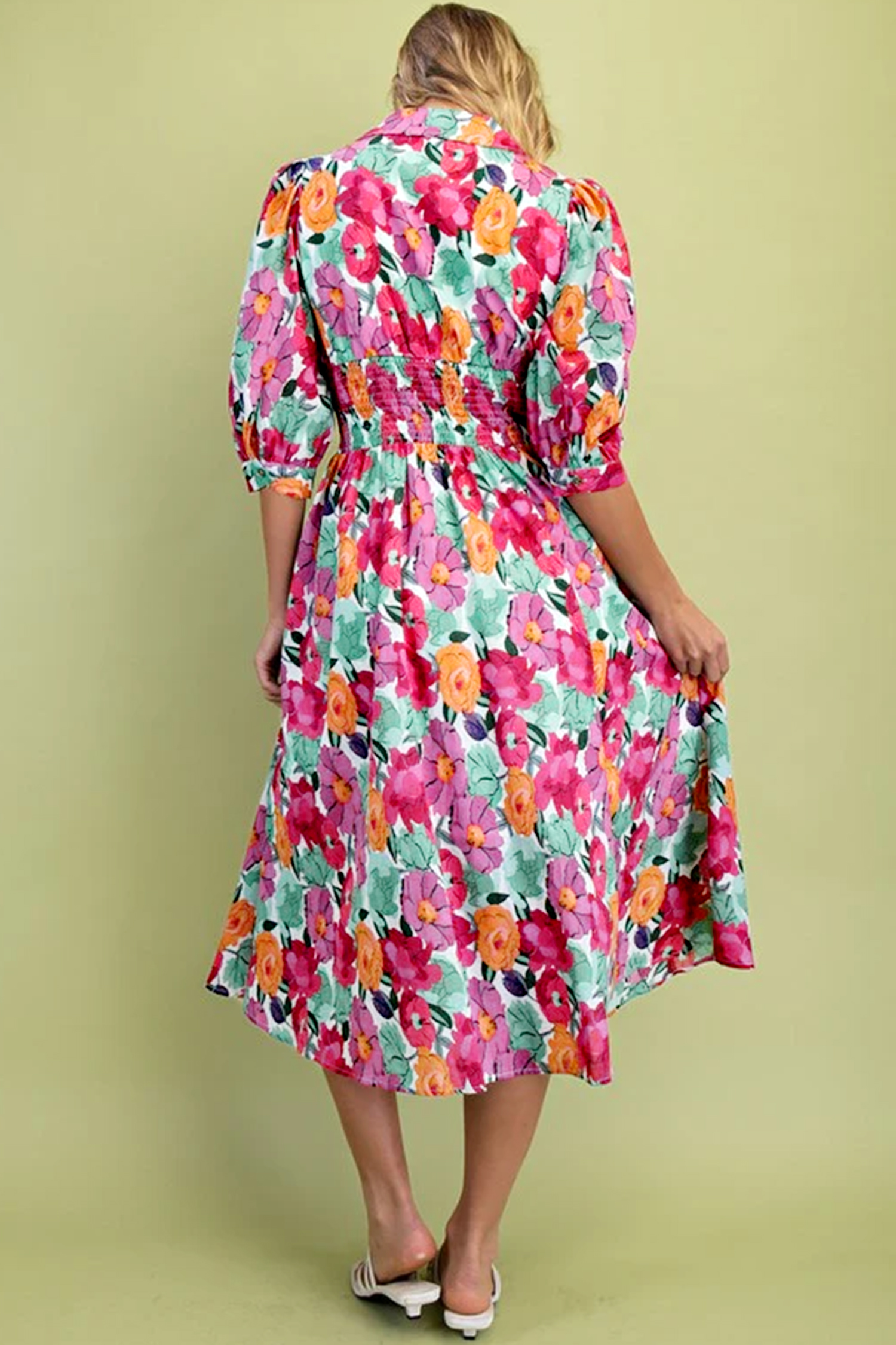 Rose Vibrant Floral Print V Neck Zip Up Puffy Half Sleeve Dress view 10