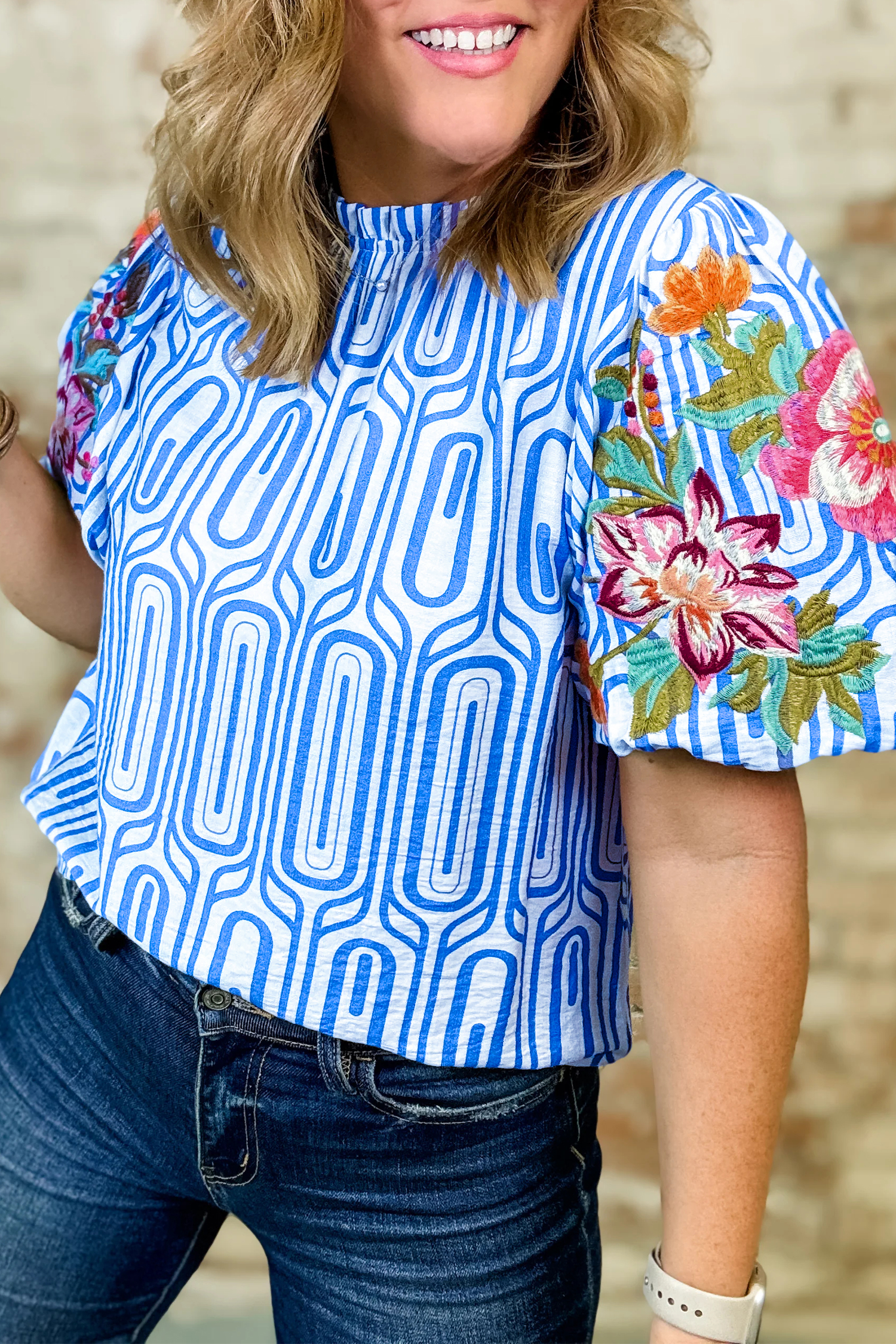 Sky Blue Unique Geometry Print Floral Embroidered Puff Sleeve Blouse view 11