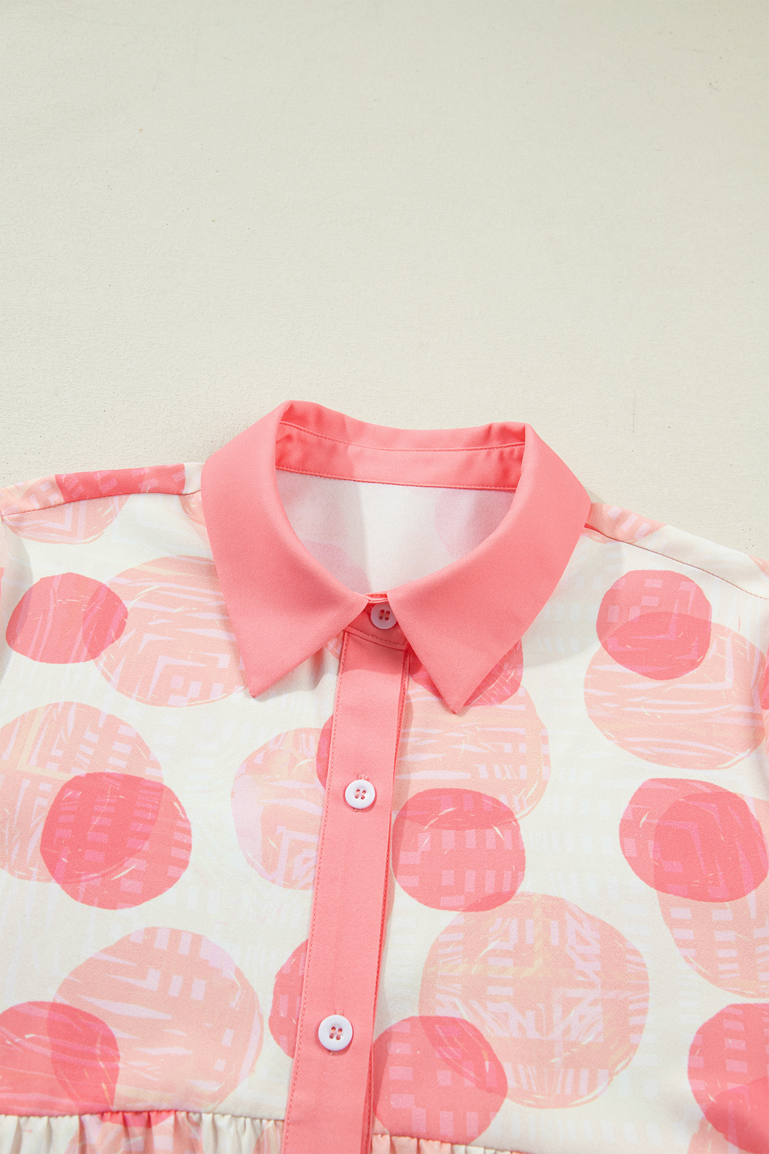 Pink Double Polka Dot Printed Ruffle Trim Short Sleeve Babydoll Shirt view 19