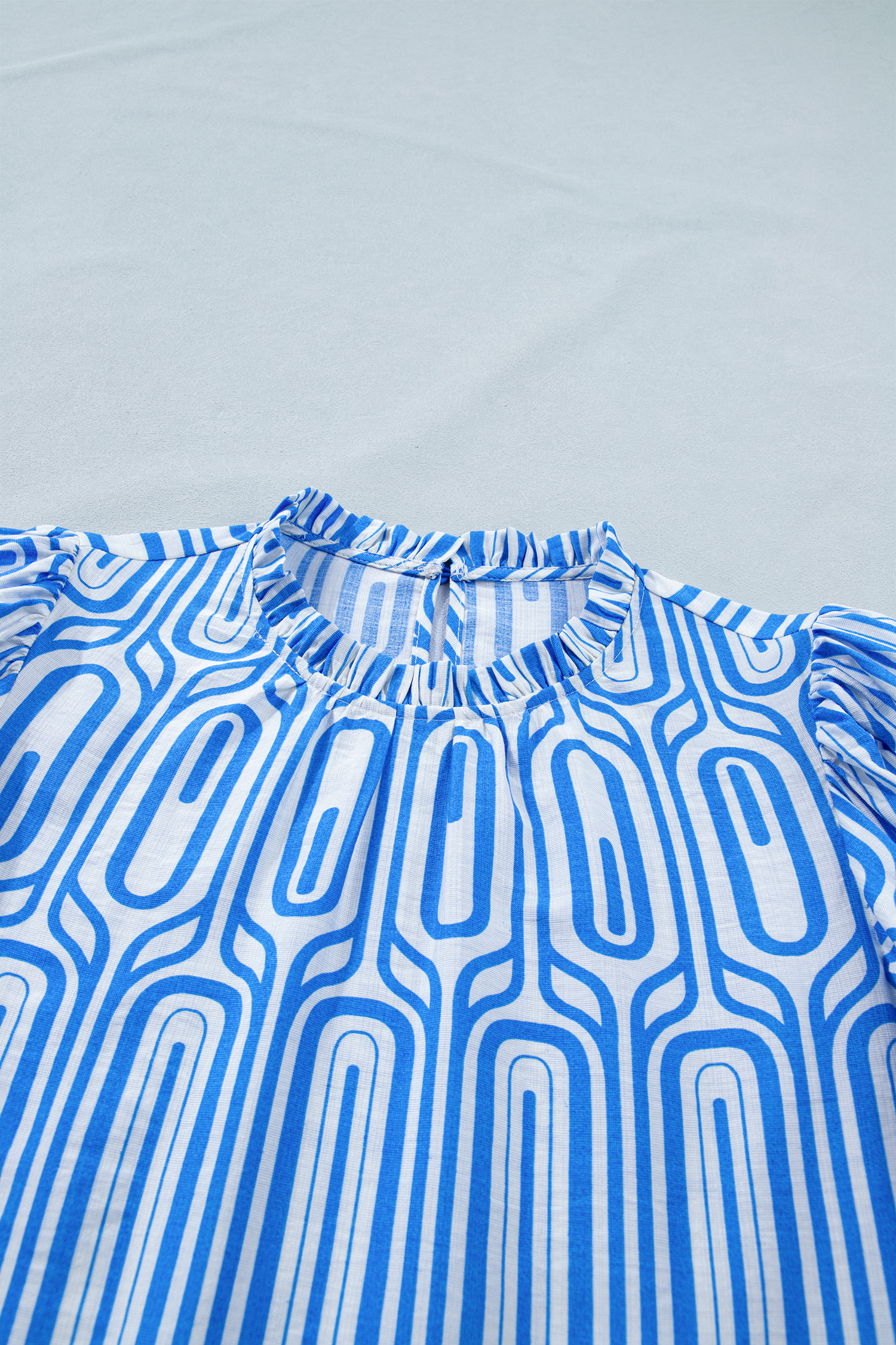 Sky Blue Unique Geometry Print Floral Embroidered Puff Sleeve Blouse view 22