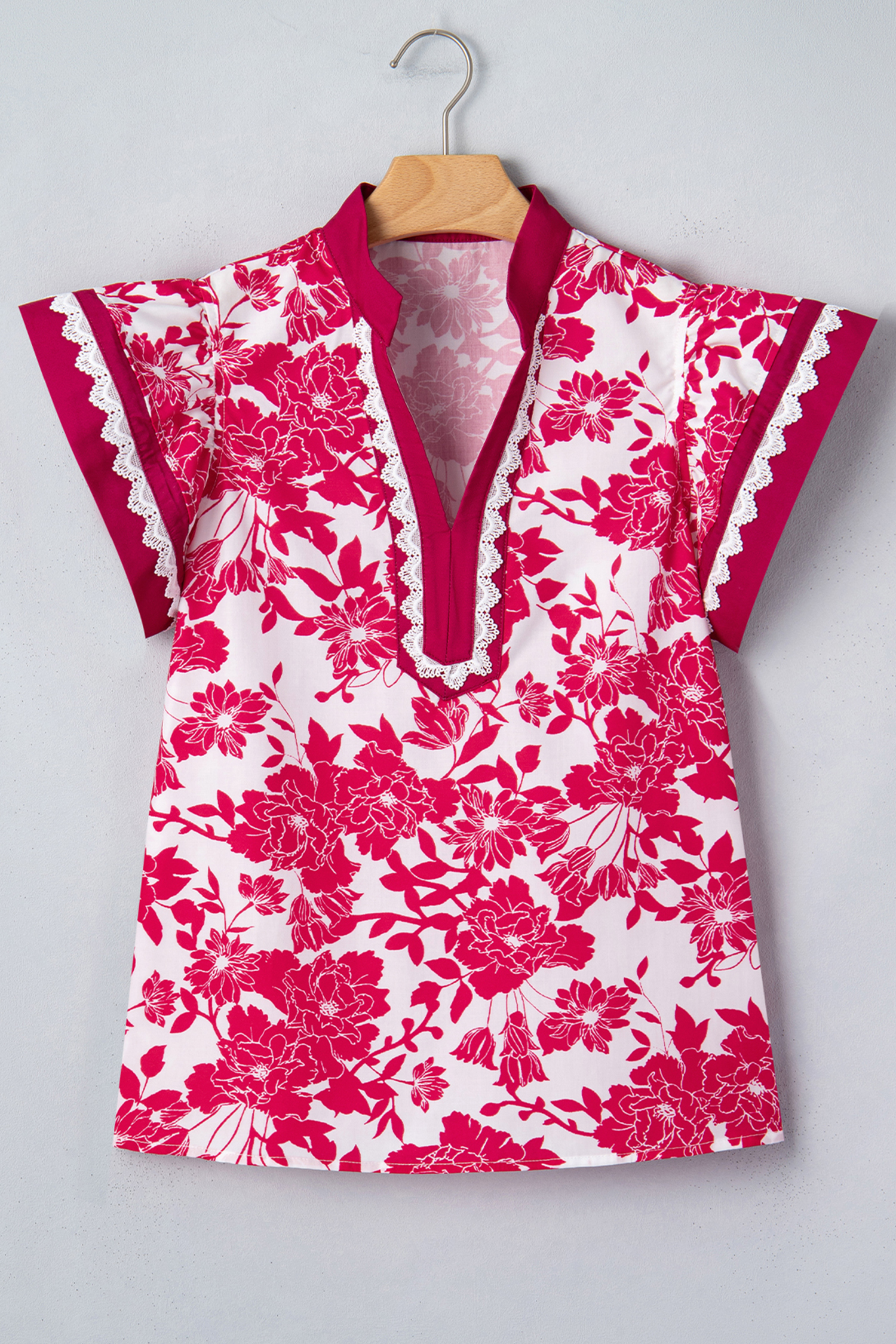Red Floral Print Color Block Trim Lace Detail V Neck Flutter Sleeve Blouse view 14