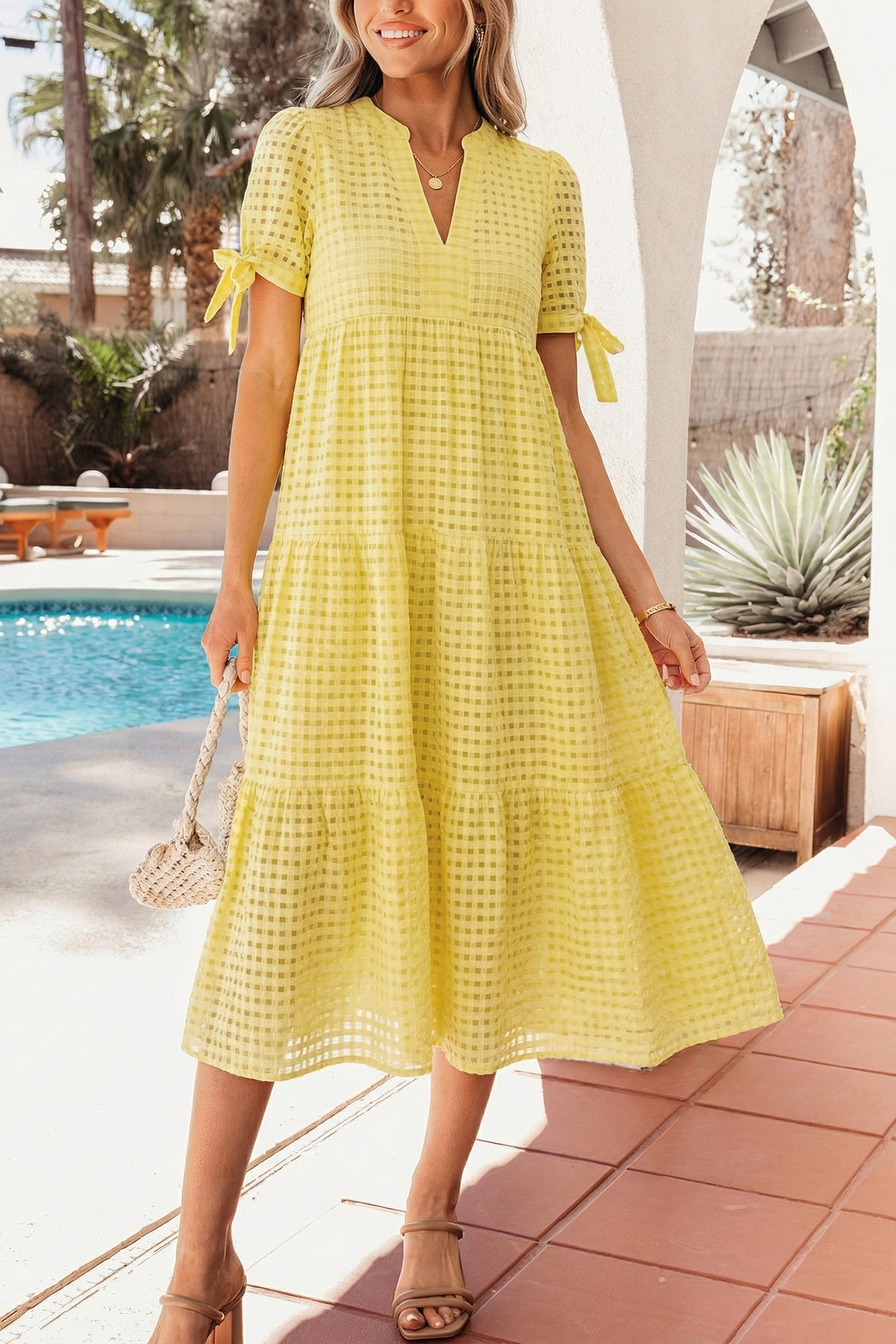 Yellow Gingham Textured Bow Tie Short Sleeve Tiered Midi Dress view 6