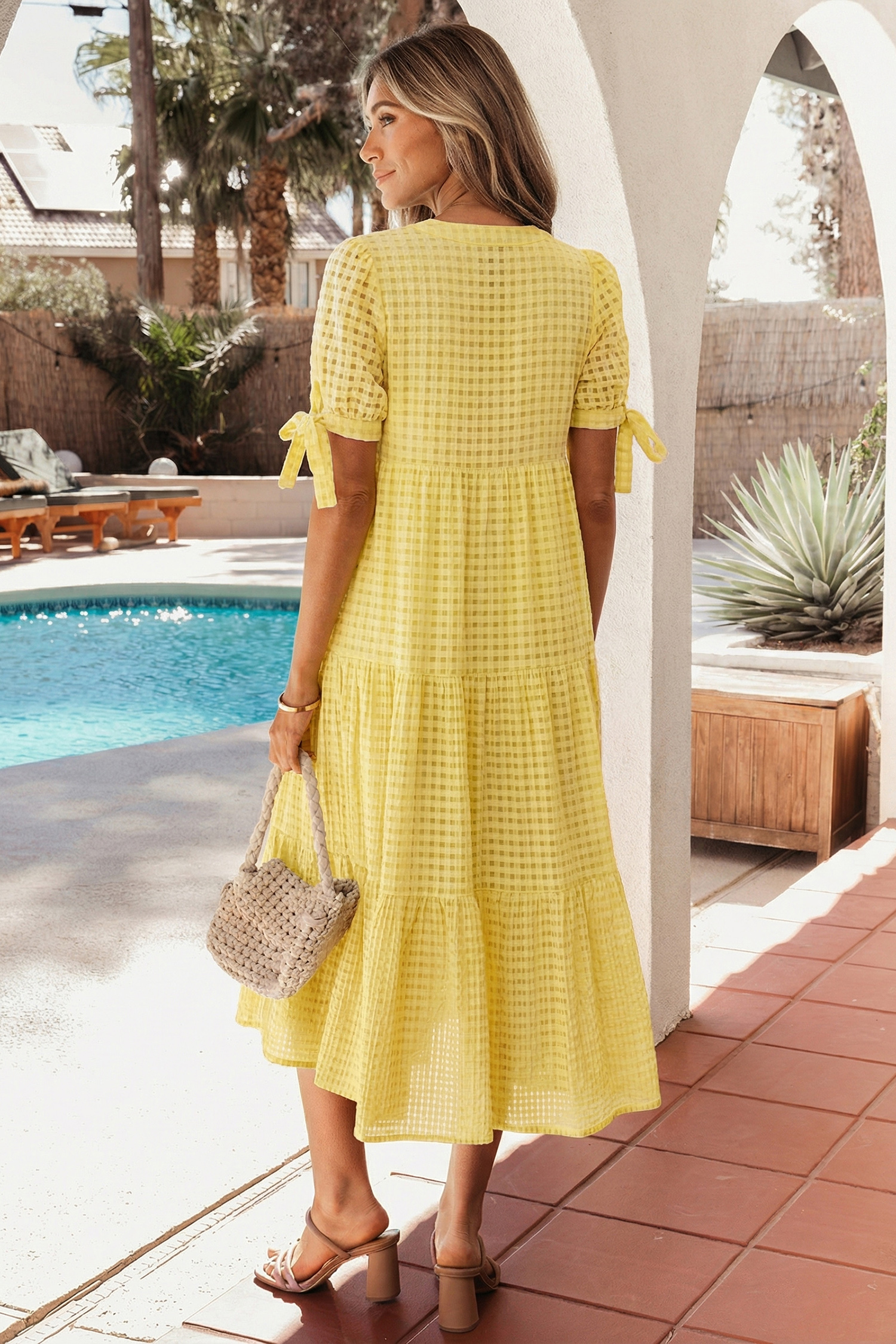 Yellow Gingham Textured Bow Tie Short Sleeve Tiered Midi Dress view 2