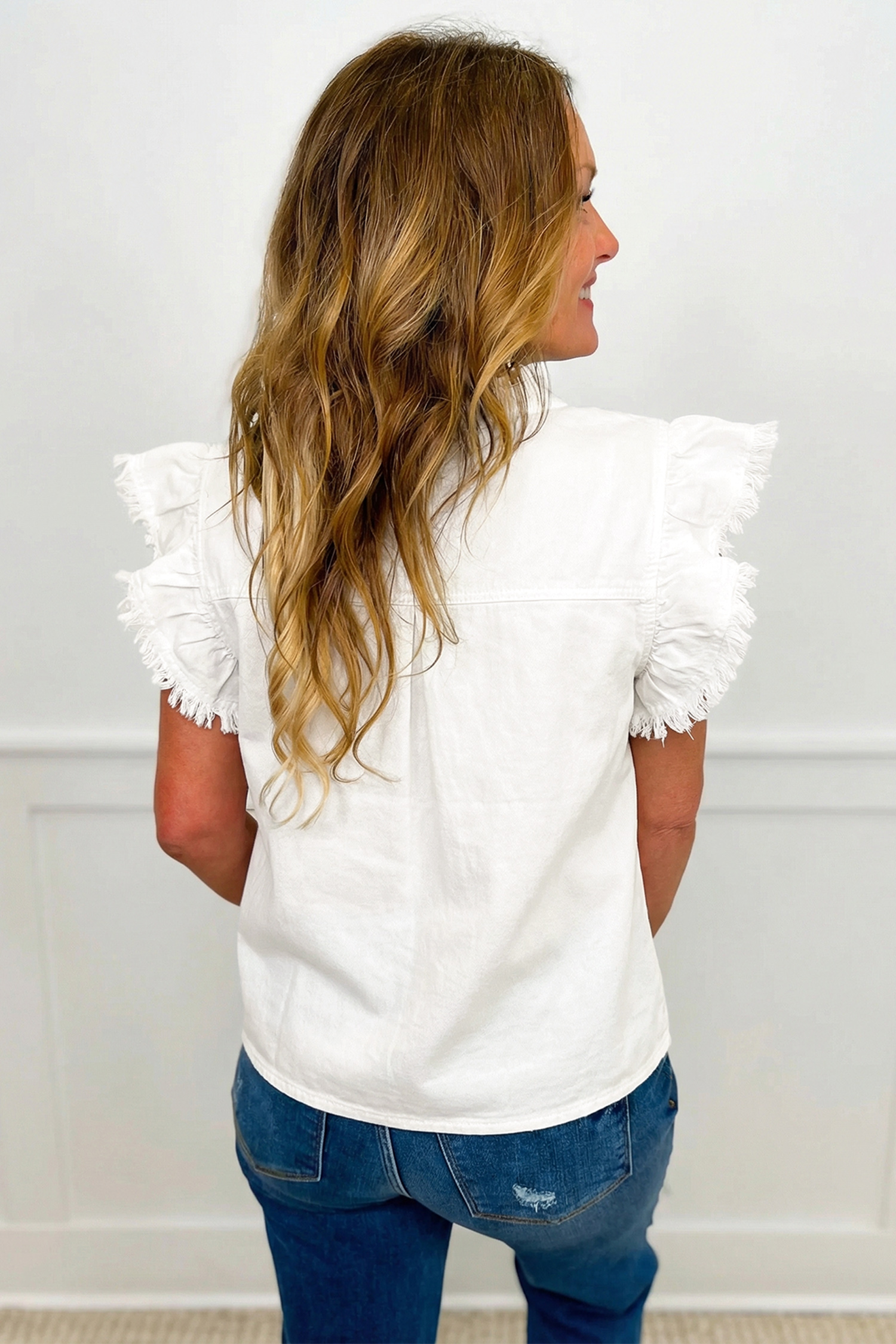 White Frilled Collar Flutter Sleeve Denim Top view 2