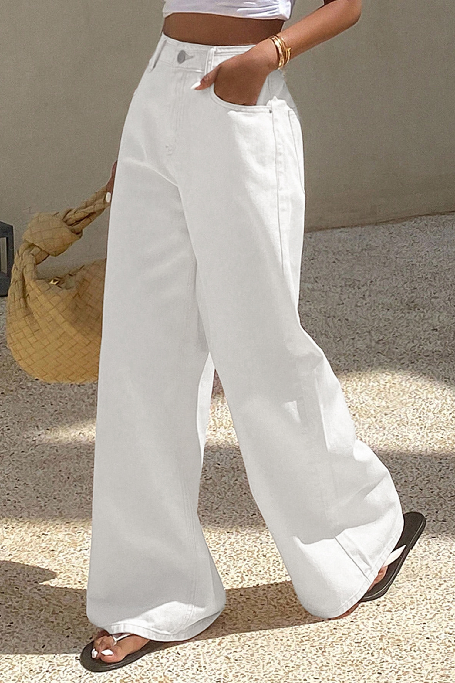 White Solid Color Loose Casual Jeans view 4
