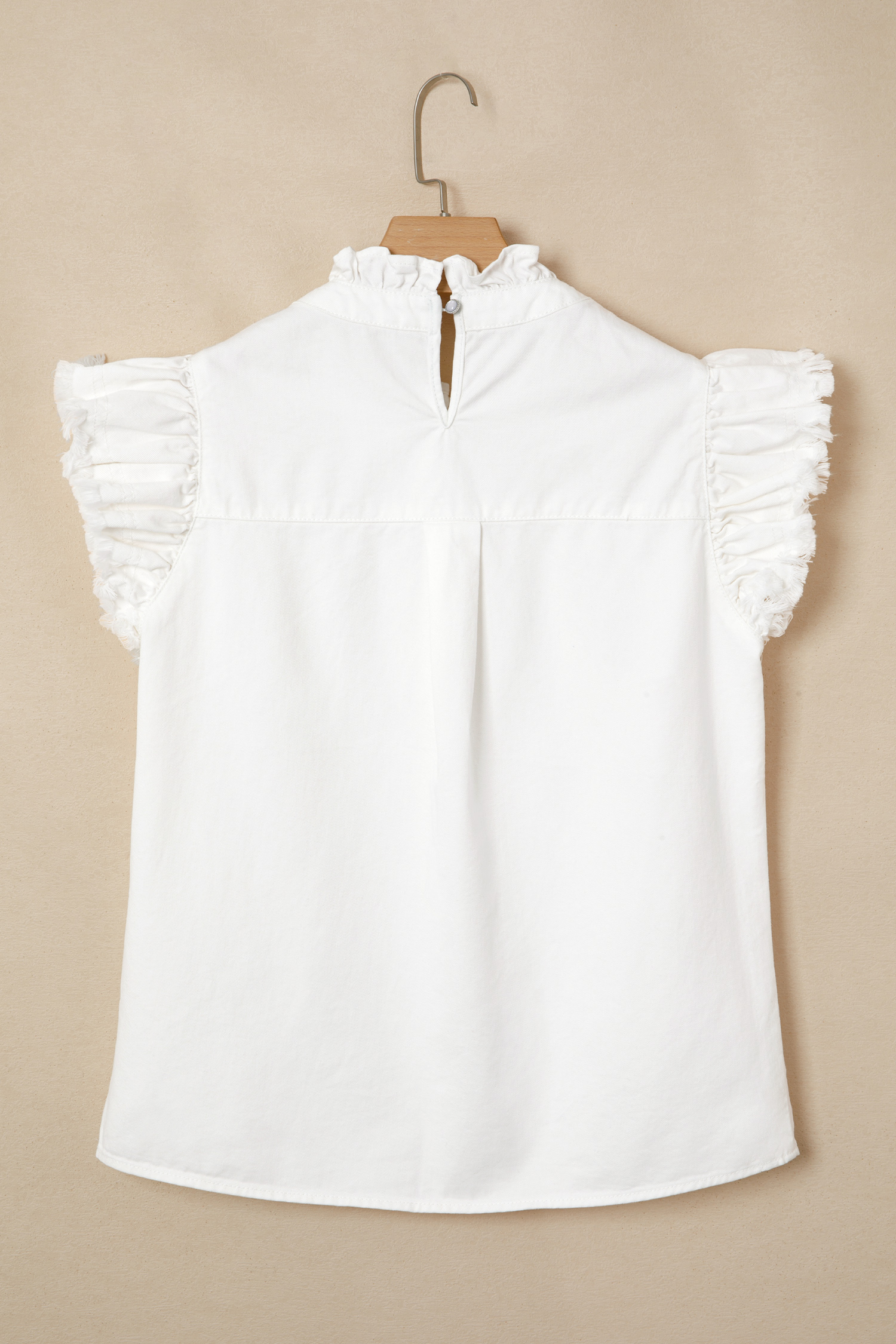 White Frilled Collar Flutter Sleeve Denim Top view 5