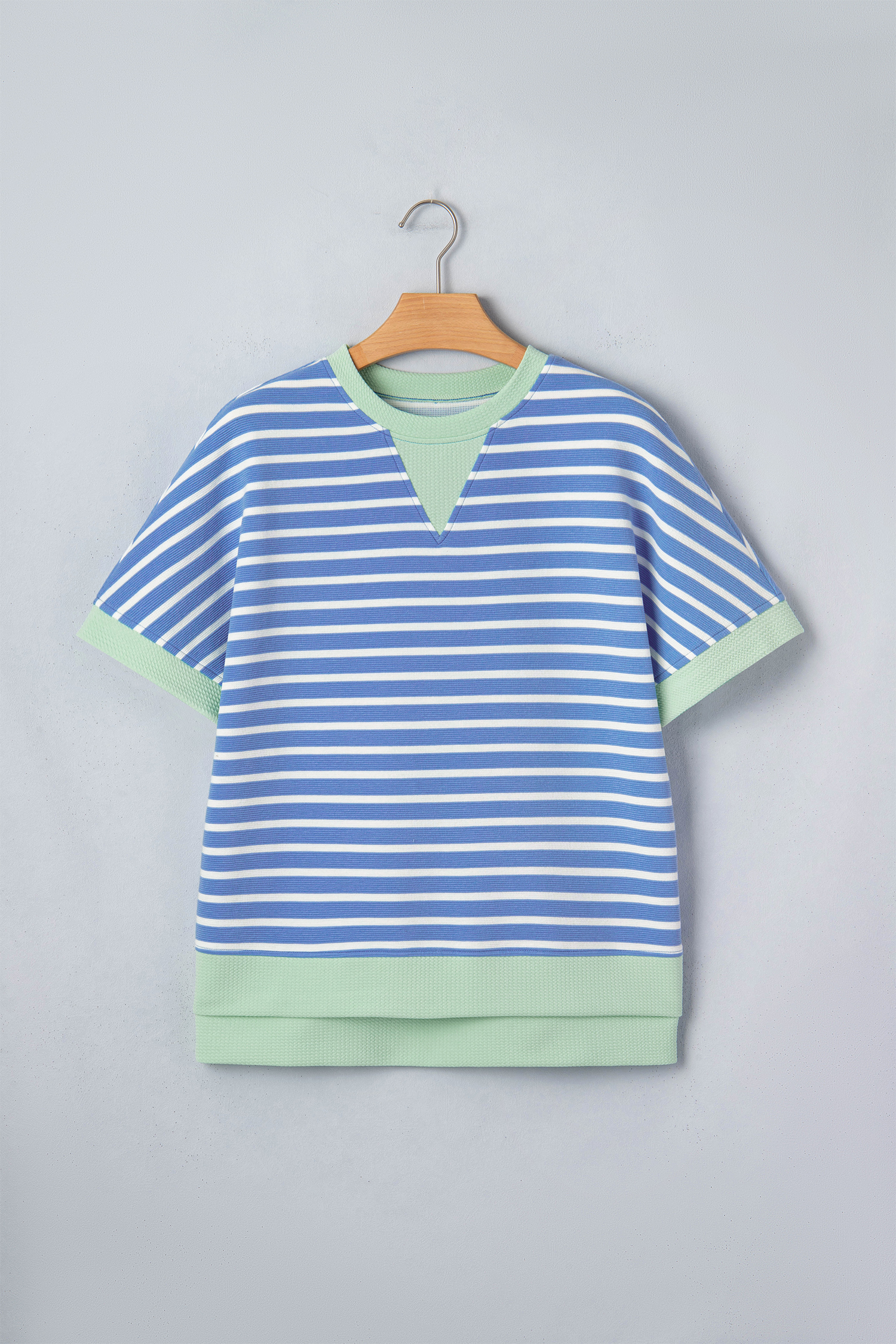 Sky Blue Stripe Contrast Trim Loose Short Sleeve Top view 13