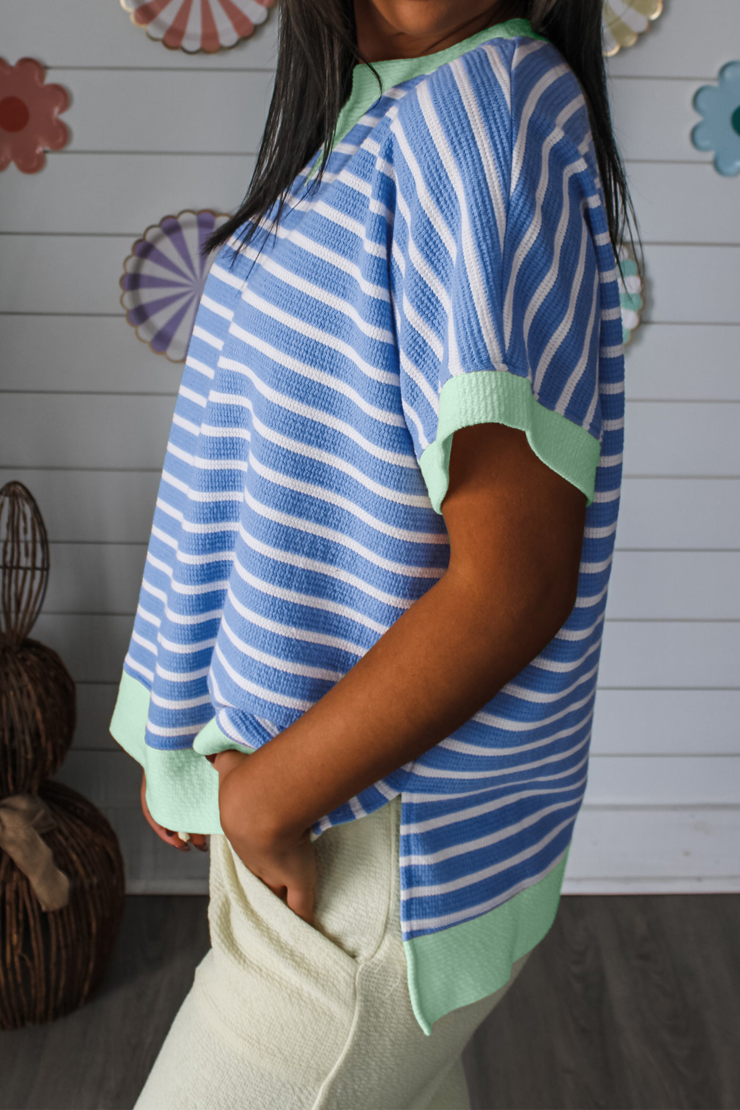 Sky Blue Stripe Contrast Trim Loose Short Sleeve Top view 10