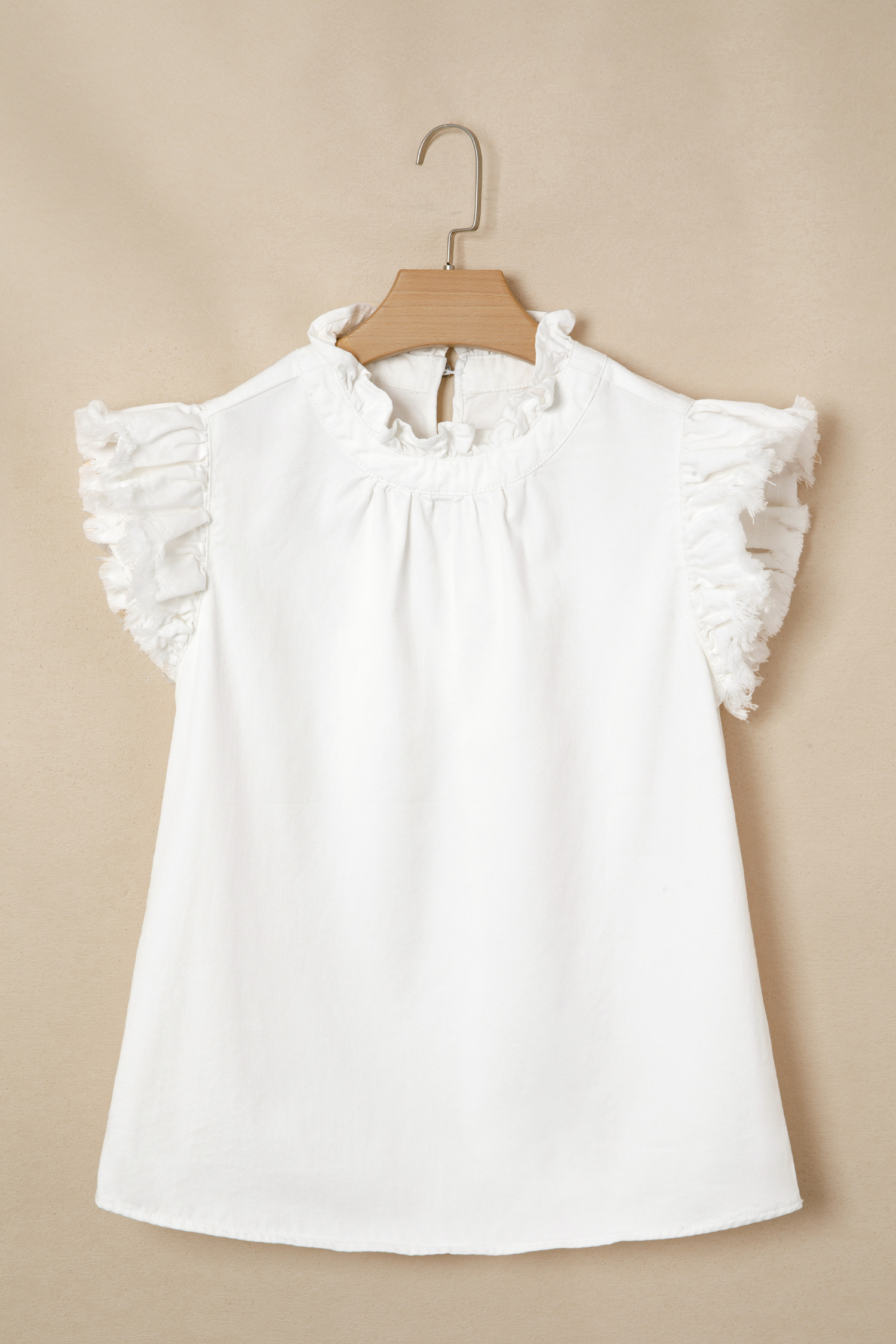 White Frilled Collar Flutter Sleeve Denim Top view 4