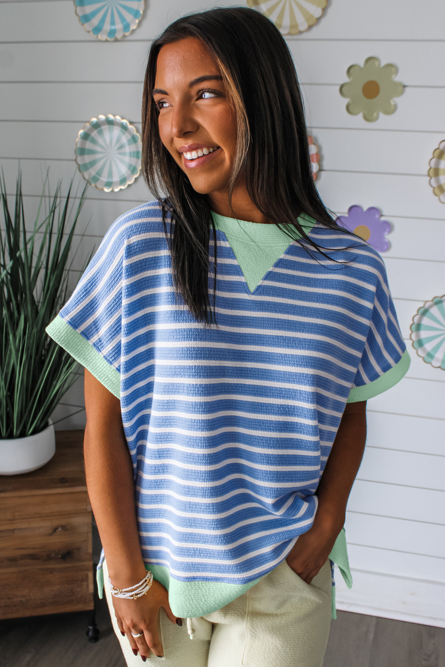 Sky Blue Stripe Contrast Trim Loose Short Sleeve Top view 12